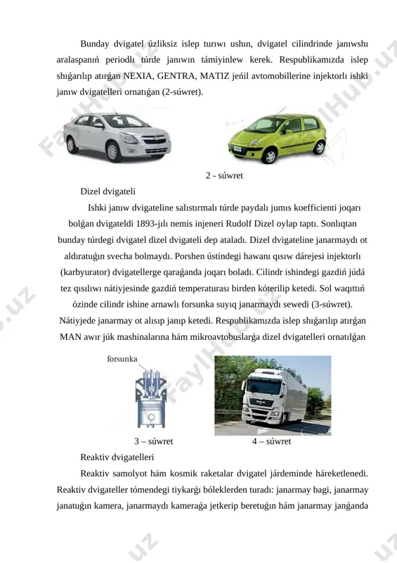 tuǵın svecha bolmaydı. porshen ústindegi hawanı qısıw dárejesi injektorlı (karbyurator) dvigatellerge qaraǵanda joqarı boladı. cilindr ishindegi gazdiń júdá tez qısılıwı nátiyjesinde gazdiń temperaturası birden kóterilip ketedi. sol waqıttıń ózinde cilindr ishine arnawlı forsunka suyıq janarmaydı sewedi (3-súwret). nátiyjede janarmay ot alısıp janıp ketedi. respublikamızda islep shıǵarılıp atırǵan man awır júk mashinalarına hám mikroavtobuslarǵa dizel dvigatelleri ornatılǵan 3 – súwret 4 – súwret reaktiv dvigatelleri reaktiv samolyot hám kosmik raketalar dvigatel járdeminde háreketlenedi. reaktiv dvigateller tómendegi tiykarǵı bóleklerden turadı: janarmay bagi, janarmay janatuǵın kamera, janarmaydı kameraǵa jetkerip beretuǵın hám janarmay janǵanda payda bolǵan gazdi sırtqa shıǵaratuǵın (soplo) bóleklerden turadı. 5 -súwrette reaktiv dvigateldiń sxemalıq kórinisi berilgen. [image: ]5 – súwret kosmik kemeler reaktiv dvigateldiń janarmayı da, jumısshı denesi de hám ózi de boladı. sol sebepli, onıń islewi átiraptaǵı ortalıqqa baylanıslı bolmaydı. 2.3 puw trubinası hám onıń dúzilisi [image: ]puw trubinasınıń bir basqıshınıń ulıwma kórinisi (12 - súwret) de kórsetilgen. trubinanı basqıshı …