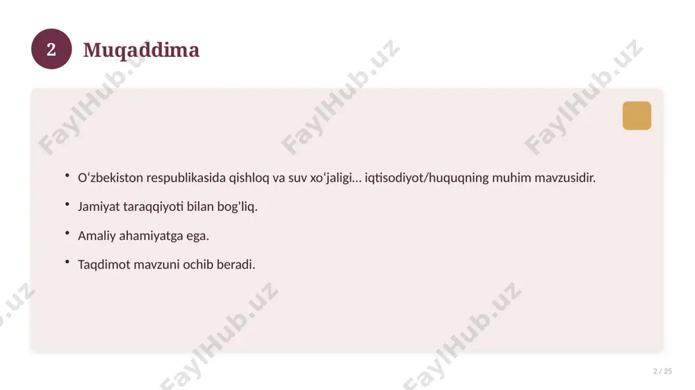 / 25 bugungi kundagi ahvol. yangi yondashuvlar paydo bo'lmoqda. dolzarb tendensiyalar. amaliy qo'llanilishi kengaymoqda. 16 17 qiyosiy tahlil 17 / 25 o'xshash hodisalar bilan solishtirish. umumiy jihatlar aniqlanadi. farqli tomonlar ko'rsatiladi. xulosalar chiqariladi. 17 18 afzallik va kamchiliklar 18 / 25 afzalliklari kamchiliklari samaradorlik murakkablik qulaylik resurs talabi tejamkorlik ayrim cheklovlar 18 19 bosqichma-bosqich yondashuv 19 / 25 1-bosqich: tayyorgarlik. 2-bosqich: amalga oshirish. 3-bosqich: tahlil. 4-bosqich: xulosa. 19 20 amaliy misol 20 / 25 real hayotdan misol keltiriladi. bosqichlar bilan ko'rsatiladi. natija tahlil qilinadi. amaliy xulosa chiqariladi. 20 21 asosiy ko'rsatkichlar 21 / 25 ko'rsatkich holati birinchi mezon yaxshi ikkinchi mezon o'rta uchinchi mezon yuqori 21 22 muammolar va yechimlar 22 / 25 mavjud muammolar. ularning sabablari. yechim yo'llari. amaliy tavsiyalar. 22 23 eng yaxshi amaliyotlar 23 / 25 sinovdan o'tgan usullar. samarali yondashuvlar. tajriba almashish. doimiy takomillashtirish. 23 24 xulosa 24 / 25 o‘zbekiston respublikasida qishloq va suv xo‘jaligi… …