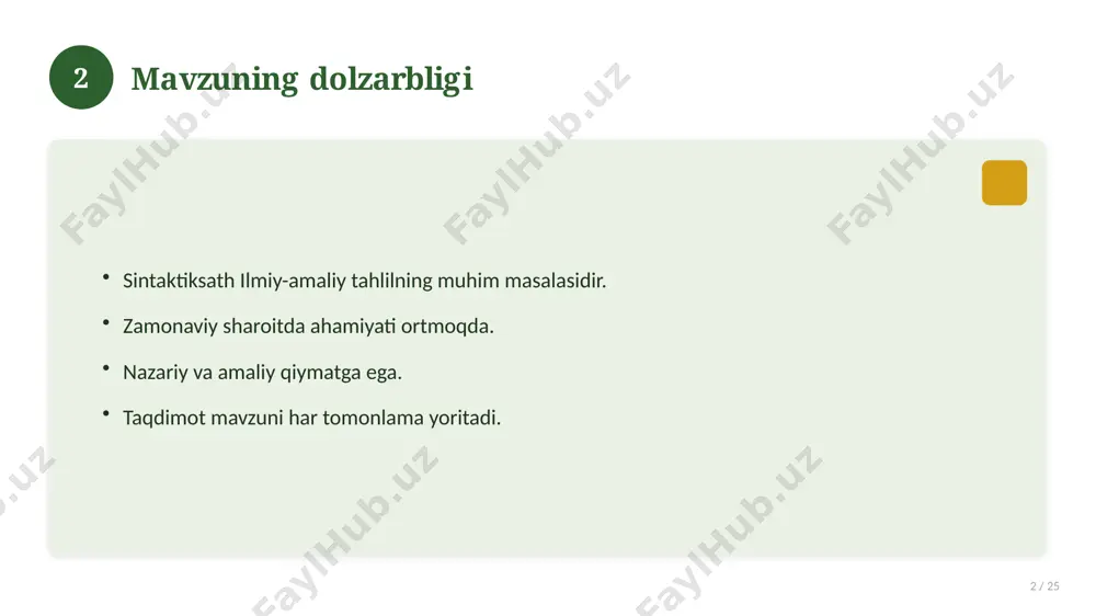 disalar bilan solishtirish. umumiy jihatlar aniqlanadi. farqli tomonlar ko'rsatiladi. xulosalar chiqariladi. 17 18 afzallik va kamchiliklar 18 / 25 afzalliklari kamchiliklari samaradorlik murakkablik qulaylik resurs talabi tejamkorlik ayrim cheklovlar 18 19 bosqichma-bosqich yondashuv 19 / 25 1-bosqich: tayyorgarlik. 2-bosqich: amalga oshirish. 3-bosqich: tahlil. 4-bosqich: xulosa. 19 20 amaliy misol 20 / 25 real hayotdan misol keltiriladi. bosqichlar bilan ko'rsatiladi. natija tahlil qilinadi. amaliy xulosa chiqariladi. 20 21 asosiy ko'rsatkichlar 21 / 25 ko'rsatkich holati birinchi mezon yaxshi ikkinchi mezon o'rta uchinchi mezon yuqori 21 22 muammolar va yechimlar 22 / 25 mavjud muammolar. ularning sabablari. yechim yo'llari. amaliy tavsiyalar. 22 23 eng yaxshi amaliyotlar 23 / 25 sinovdan o'tgan usullar. samarali yondashuvlar. tajriba almashish. doimiy takomillashtirish. 23 24 xulosa 24 / 25 sintaktiksath bo'yicha asosiy jihatlar yoritildi. mavzu nazariy va amaliy ahamiyatga ega. olingan bilim amaliyotda qo'llaniladi. doimiy o'rganish tavsiya etiladi. 24 25 foydalanilgan adabiyotlar 25 / 25 tegishli darslik …
