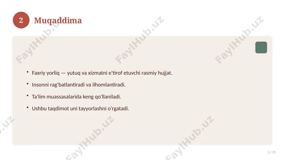 ang. matnni vaziyatga moslang. imloni albatta tekshiring. sifatli qog'ozga chop eting. 14 15 qisqacha takrorlash 15 / 25 asosiy fikrlar. muhim tushunchalar. amaliy jihatlar. yakuniy xulosalar. 15 16 qo'shimcha resurslar 16 / 25 darslik va qo'llanmalar. onlayn manbalar. video darslar. amaliy mashqlar to'plami. 16 17 xatolardan saqlanish 17 / 25 keng tarqalgan xatolar. ularning sabablari. oldini olish yo'llari. to'g'ri yondashuv. 17 18 kelajak istiqbollari 18 / 25 rivojlanish yo'nalishlari. yangi imkoniyatlar. innovatsion yechimlar. uzoq muddatli ta'sir. 18 19 amaliy tavsiyalar 19 / 25 tizimli yondashing. ishonchli manbalardan foydalaning. bilimni amaliyotda qo'llang. natijani muntazam baholang. 19 20 tez-tez so'raladigan savollar 20 / 25 asosiy tushuncha nima? u qanday qo'llaniladi? qanday afzalliklari bor? javoblar qisqa va aniq. 20 21 eng yaxshi amaliyotlar 21 / 25 sinovdan o'tgan usullar. samarali yondashuvlar. tajriba almashish. doimiy takomillashtirish. 21 22 muammolar va yechimlar 22 / 25 mavjud muammolar. ularning sabablari. yechim yo'llari. amaliy tavsiyalar. 22 23 …