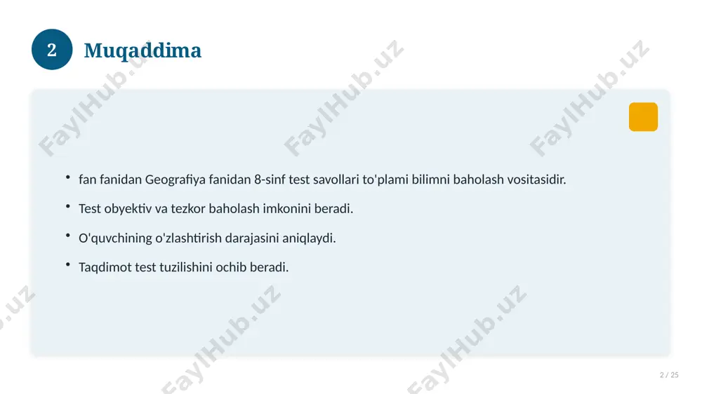 . yakuniy xulosalar. 14 15 qo'shimcha resurslar 15 / 25 darslik va qo'llanmalar. onlayn manbalar. video darslar. amaliy mashqlar to'plami. 15 16 xatolardan saqlanish 16 / 25 keng tarqalgan xatolar. ularning sabablari. oldini olish yo'llari. to'g'ri yondashuv. 16 17 kelajak istiqbollari 17 / 25 rivojlanish yo'nalishlari. yangi imkoniyatlar. innovatsion yechimlar. uzoq muddatli ta'sir. 17 18 amaliy tavsiyalar 18 / 25 tizimli yondashing. ishonchli manbalardan foydalaning. bilimni amaliyotda qo'llang. natijani muntazam baholang. 18 19 tez-tez so'raladigan savollar 19 / 25 asosiy tushuncha nima? u qanday qo'llaniladi? qanday afzalliklari bor? javoblar qisqa va aniq. 19 20 eng yaxshi amaliyotlar 20 / 25 sinovdan o'tgan usullar. samarali yondashuvlar. tajriba almashish. doimiy takomillashtirish. 20 21 muammolar va yechimlar 21 / 25 mavjud muammolar. ularning sabablari. yechim yo'llari. amaliy tavsiyalar. 21 22 asosiy ko'rsatkichlar 22 / 25 ko'rsatkich holati birinchi mezon yaxshi ikkinchi mezon o'rta uchinchi mezon yuqori 22 23 amaliy misol 23 / 25 …