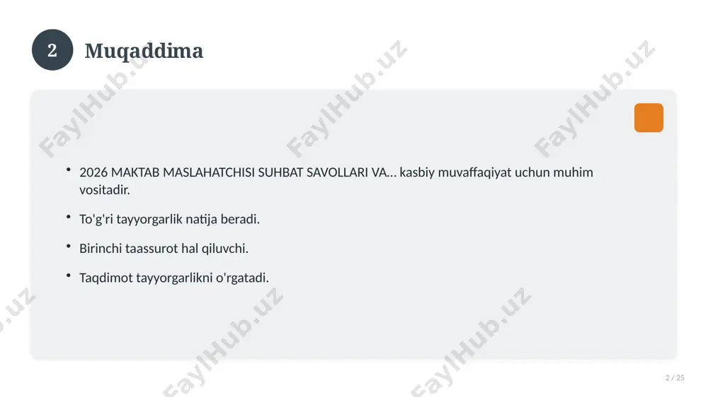 atga ta'sir ko'rsatgan. 15 16 zamonaviy holati 16 / 25 bugungi kundagi ahvol. yangi yondashuvlar paydo bo'lmoqda. dolzarb tendensiyalar. amaliy qo'llanilishi kengaymoqda. 16 17 qiyosiy tahlil 17 / 25 o'xshash hodisalar bilan solishtirish. umumiy jihatlar aniqlanadi. farqli tomonlar ko'rsatiladi. xulosalar chiqariladi. 17 18 afzallik va kamchiliklar 18 / 25 afzalliklari kamchiliklari samaradorlik murakkablik qulaylik resurs talabi tejamkorlik ayrim cheklovlar 18 19 bosqichma-bosqich yondashuv 19 / 25 1-bosqich: tayyorgarlik. 2-bosqich: amalga oshirish. 3-bosqich: tahlil. 4-bosqich: xulosa. 19 20 amaliy misol 20 / 25 real hayotdan misol keltiriladi. bosqichlar bilan ko'rsatiladi. natija tahlil qilinadi. amaliy xulosa chiqariladi. 20 21 asosiy ko'rsatkichlar 21 / 25 ko'rsatkich holati birinchi mezon yaxshi ikkinchi mezon o'rta uchinchi mezon yuqori 21 22 muammolar va yechimlar 22 / 25 mavjud muammolar. ularning sabablari. yechim yo'llari. amaliy tavsiyalar. 22 23 eng yaxshi amaliyotlar 23 / 25 sinovdan o'tgan usullar. samarali yondashuvlar. tajriba almashish. doimiy takomillashtirish. 23 24 xulosa 24 …