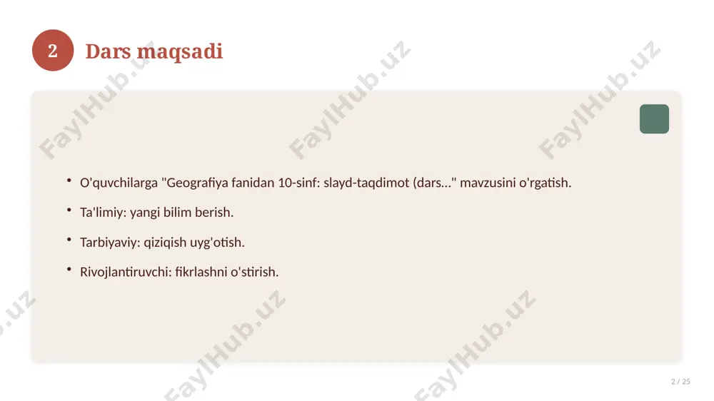 qlar to'plami. 16 17 xatolardan saqlanish 17 / 25 keng tarqalgan xatolar. ularning sabablari. oldini olish yo'llari. to'g'ri yondashuv. 17 18 kelajak istiqbollari 18 / 25 rivojlanish yo'nalishlari. yangi imkoniyatlar. innovatsion yechimlar. uzoq muddatli ta'sir. 18 19 amaliy tavsiyalar 19 / 25 tizimli yondashing. ishonchli manbalardan foydalaning. bilimni amaliyotda qo'llang. natijani muntazam baholang. 19 20 tez-tez so'raladigan savollar 20 / 25 asosiy tushuncha nima? u qanday qo'llaniladi? qanday afzalliklari bor? javoblar qisqa va aniq. 20 21 eng yaxshi amaliyotlar 21 / 25 sinovdan o'tgan usullar. samarali yondashuvlar. tajriba almashish. doimiy takomillashtirish. 21 22 muammolar va yechimlar 22 / 25 mavjud muammolar. ularning sabablari. yechim yo'llari. amaliy tavsiyalar. 22 23 asosiy ko'rsatkichlar 23 / 25 ko'rsatkich holati birinchi mezon yaxshi ikkinchi mezon o'rta uchinchi mezon yuqori 23 24 xulosa 24 / 25 geografiya fanidan 10-sinf: slayd-taqdimot (dars… bo'yicha asosiy jihatlar yoritildi. mavzu nazariy va amaliy ahamiyatga ega. olingan bilim amaliyotda qo'llaniladi. …