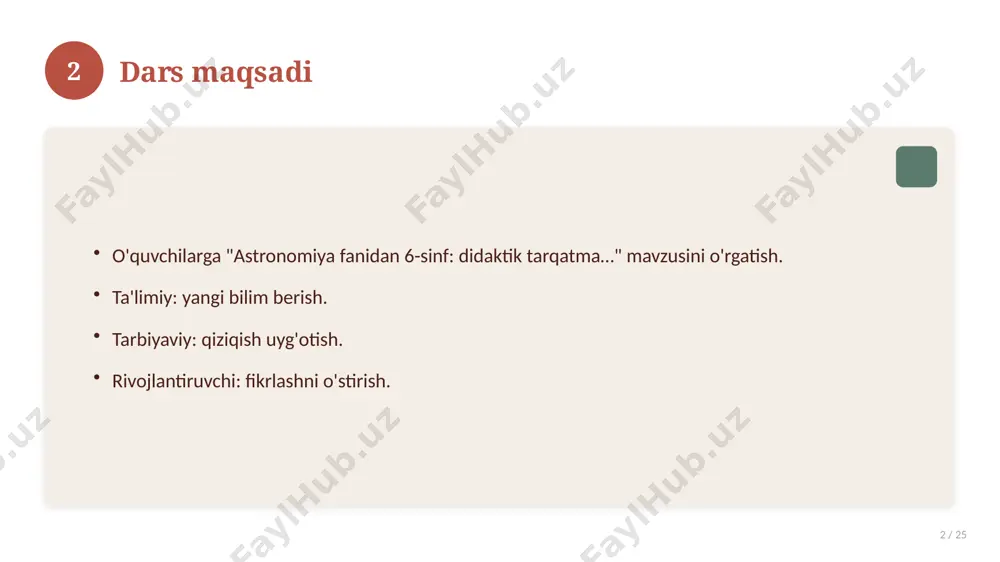 lar to'plami. 16 17 xatolardan saqlanish 17 / 25 keng tarqalgan xatolar. ularning sabablari. oldini olish yo'llari. to'g'ri yondashuv. 17 18 kelajak istiqbollari 18 / 25 rivojlanish yo'nalishlari. yangi imkoniyatlar. innovatsion yechimlar. uzoq muddatli ta'sir. 18 19 amaliy tavsiyalar 19 / 25 tizimli yondashing. ishonchli manbalardan foydalaning. bilimni amaliyotda qo'llang. natijani muntazam baholang. 19 20 tez-tez so'raladigan savollar 20 / 25 asosiy tushuncha nima? u qanday qo'llaniladi? qanday afzalliklari bor? javoblar qisqa va aniq. 20 21 eng yaxshi amaliyotlar 21 / 25 sinovdan o'tgan usullar. samarali yondashuvlar. tajriba almashish. doimiy takomillashtirish. 21 22 muammolar va yechimlar 22 / 25 mavjud muammolar. ularning sabablari. yechim yo'llari. amaliy tavsiyalar. 22 23 asosiy ko'rsatkichlar 23 / 25 ko'rsatkich holati birinchi mezon yaxshi ikkinchi mezon o'rta uchinchi mezon yuqori 23 24 xulosa 24 / 25 astronomiya fanidan 6-sinf: didaktik tarqatma… bo'yicha asosiy jihatlar yoritildi. mavzu nazariy va amaliy ahamiyatga ega. olingan bilim amaliyotda qo'llaniladi. …