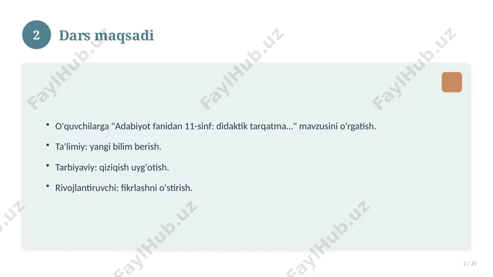 to'plami. 16 17 xatolardan saqlanish 17 / 25 keng tarqalgan xatolar. ularning sabablari. oldini olish yo'llari. to'g'ri yondashuv. 17 18 kelajak istiqbollari 18 / 25 rivojlanish yo'nalishlari. yangi imkoniyatlar. innovatsion yechimlar. uzoq muddatli ta'sir. 18 19 amaliy tavsiyalar 19 / 25 tizimli yondashing. ishonchli manbalardan foydalaning. bilimni amaliyotda qo'llang. natijani muntazam baholang. 19 20 tez-tez so'raladigan savollar 20 / 25 asosiy tushuncha nima? u qanday qo'llaniladi? qanday afzalliklari bor? javoblar qisqa va aniq. 20 21 eng yaxshi amaliyotlar 21 / 25 sinovdan o'tgan usullar. samarali yondashuvlar. tajriba almashish. doimiy takomillashtirish. 21 22 muammolar va yechimlar 22 / 25 mavjud muammolar. ularning sabablari. yechim yo'llari. amaliy tavsiyalar. 22 23 asosiy ko'rsatkichlar 23 / 25 ko'rsatkich holati birinchi mezon yaxshi ikkinchi mezon o'rta uchinchi mezon yuqori 23 24 xulosa 24 / 25 adabiyot fanidan 11-sinf: didaktik tarqatma… bo'yicha asosiy jihatlar yoritildi. mavzu nazariy va amaliy ahamiyatga ega. olingan bilim amaliyotda qo'llaniladi. doimiy …