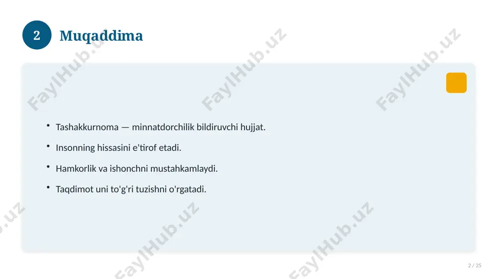 oni tekshiring. tantanali topshiring. 14 15 qisqacha takrorlash 15 / 25 asosiy fikrlar. muhim tushunchalar. amaliy jihatlar. yakuniy xulosalar. 15 16 qo'shimcha resurslar 16 / 25 darslik va qo'llanmalar. onlayn manbalar. video darslar. amaliy mashqlar to'plami. 16 17 xatolardan saqlanish 17 / 25 keng tarqalgan xatolar. ularning sabablari. oldini olish yo'llari. to'g'ri yondashuv. 17 18 kelajak istiqbollari 18 / 25 rivojlanish yo'nalishlari. yangi imkoniyatlar. innovatsion yechimlar. uzoq muddatli ta'sir. 18 19 amaliy tavsiyalar 19 / 25 tizimli yondashing. ishonchli manbalardan foydalaning. bilimni amaliyotda qo'llang. natijani muntazam baholang. 19 20 tez-tez so'raladigan savollar 20 / 25 asosiy tushuncha nima? u qanday qo'llaniladi? qanday afzalliklari bor? javoblar qisqa va aniq. 20 21 eng yaxshi amaliyotlar 21 / 25 sinovdan o'tgan usullar. samarali yondashuvlar. tajriba almashish. doimiy takomillashtirish. 21 22 muammolar va yechimlar 22 / 25 mavjud muammolar. ularning sabablari. yechim yo'llari. amaliy tavsiyalar. 22 23 asosiy ko'rsatkichlar 23 / 25 ko'rsatkich holati …