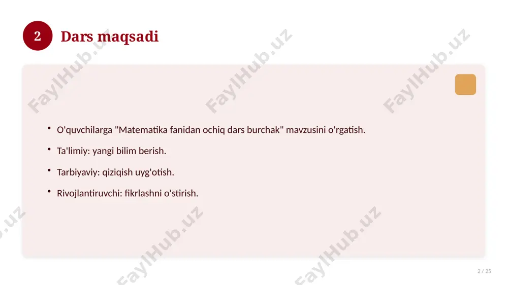 an rivojlangan. asosiy bosqichlar kuzatiladi. muhim o'zgarishlar yuz bergan. hozirgi holatga ta'sir ko'rsatgan. 16 17 zamonaviy holati 17 / 25 bugungi kundagi ahvol. yangi yondashuvlar paydo bo'lmoqda. dolzarb tendensiyalar. amaliy qo'llanilishi kengaymoqda. 17 18 qiyosiy tahlil 18 / 25 o'xshash hodisalar bilan solishtirish. umumiy jihatlar aniqlanadi. farqli tomonlar ko'rsatiladi. xulosalar chiqariladi. 18 19 afzallik va kamchiliklar 19 / 25 afzalliklari kamchiliklari samaradorlik murakkablik qulaylik resurs talabi tejamkorlik ayrim cheklovlar 19 20 bosqichma-bosqich yondashuv 20 / 25 1-bosqich: tayyorgarlik. 2-bosqich: amalga oshirish. 3-bosqich: tahlil. 4-bosqich: xulosa. 20 21 amaliy misol 21 / 25 real hayotdan misol keltiriladi. bosqichlar bilan ko'rsatiladi. natija tahlil qilinadi. amaliy xulosa chiqariladi. 21 22 asosiy ko'rsatkichlar 22 / 25 ko'rsatkich holati birinchi mezon yaxshi ikkinchi mezon o'rta uchinchi mezon yuqori 22 23 muammolar va yechimlar 23 / 25 mavjud muammolar. ularning sabablari. yechim yo'llari. amaliy tavsiyalar. 23 24 xulosa 24 / 25 matematika fanidan ochiq dars burchak …