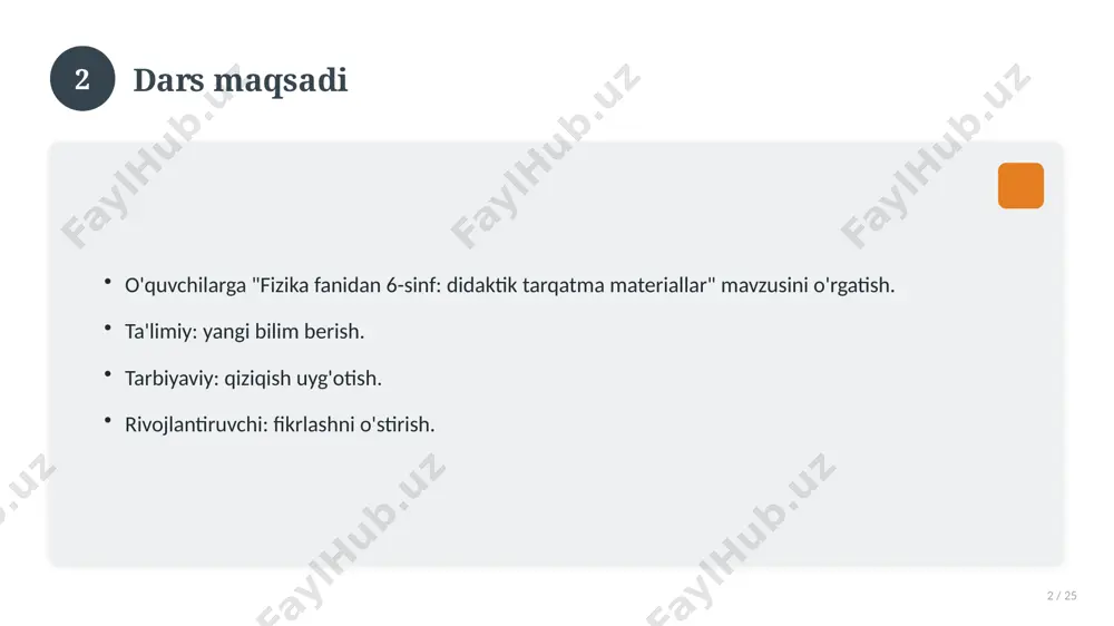 qlar to'plami. 16 17 xatolardan saqlanish 17 / 25 keng tarqalgan xatolar. ularning sabablari. oldini olish yo'llari. to'g'ri yondashuv. 17 18 kelajak istiqbollari 18 / 25 rivojlanish yo'nalishlari. yangi imkoniyatlar. innovatsion yechimlar. uzoq muddatli ta'sir. 18 19 amaliy tavsiyalar 19 / 25 tizimli yondashing. ishonchli manbalardan foydalaning. bilimni amaliyotda qo'llang. natijani muntazam baholang. 19 20 tez-tez so'raladigan savollar 20 / 25 asosiy tushuncha nima? u qanday qo'llaniladi? qanday afzalliklari bor? javoblar qisqa va aniq. 20 21 eng yaxshi amaliyotlar 21 / 25 sinovdan o'tgan usullar. samarali yondashuvlar. tajriba almashish. doimiy takomillashtirish. 21 22 muammolar va yechimlar 22 / 25 mavjud muammolar. ularning sabablari. yechim yo'llari. amaliy tavsiyalar. 22 23 asosiy ko'rsatkichlar 23 / 25 ko'rsatkich holati birinchi mezon yaxshi ikkinchi mezon o'rta uchinchi mezon yuqori 23 24 xulosa 24 / 25 fizika fanidan 6-sinf: didaktik tarqatma materiallar bo'yicha asosiy jihatlar yoritildi. mavzu nazariy va amaliy ahamiyatga ega. olingan bilim amaliyotda …