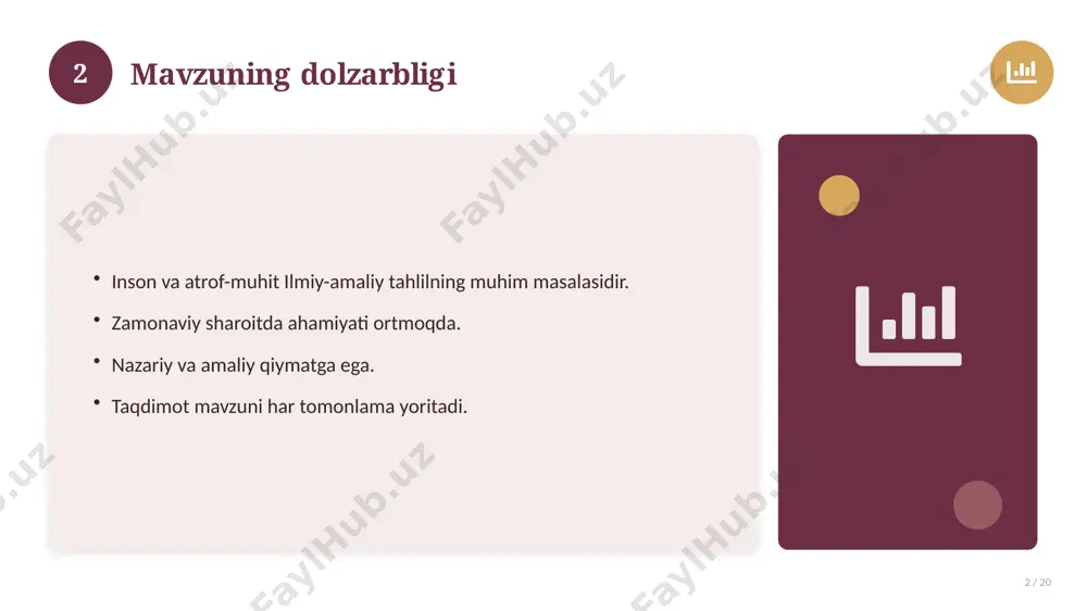 hlil 17 / 20 o'xshash hodisalar bilan solishtirish. umumiy jihatlar aniqlanadi. farqli tomonlar ko'rsatiladi. xulosalar chiqariladi. 17 18 afzallik va kamchiliklar 18 / 20 afzalliklari kamchiliklari samaradorlik murakkablik qulaylik resurs talabi tejamkorlik ayrim cheklovlar 18 19 xulosa 19 / 20 inson va atrof-muhit bo'yicha asosiy jihatlar yoritildi. mavzu nazariy va amaliy ahamiyatga ega. olingan bilim amaliyotda qo'llaniladi. doimiy o'rganish tavsiya etiladi. 19 20 foydalanilgan adabiyotlar 20 / 20 tegishli darslik va o'quv qo'llanmalari. ilmiy maqola va manbalar. internet va elektron resurslar. manba: soff.uz · 2026. 20 image-1-1.png image-1-2.png image-1-3.png image-1-4.png image-2-1.png image-2-2.png image-3-1.png image-3-2.png image-4-1.png image-4-2.png image-5-1.png image-5-2.png image-6-1.png image-6-2.png image-7-1.png image-7-2.png image-8-1.png image-9-1.png image-9-2.png image-10-1.png image-10-2.png image-11-1.png image-11-2.png image-12-1.png image-12-2.png image-13-1.png image-13-2.png image-14-1.png image-14-2.png image-15-1.png image-15-2.png image-16-1.png image-16-2.png image-17-1.png image-17-2.png image-18-1.png image-19-1.png image-19-2.png image-20-1.png image-20-2.png