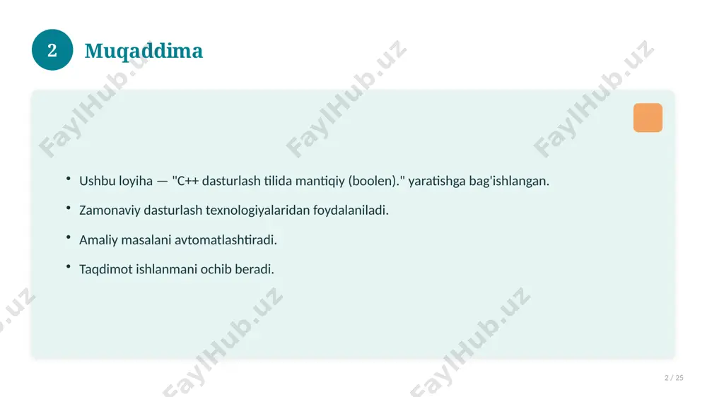 iy (boolen). bilan bog'liq kalit tushunchalar. atamalarning aniq ta'rifi beriladi. to'g'ri qo'llash muhim. tushunchalar o'zaro bog'liq. 15 16 tarixiy rivoji 16 / 25 mavzu vaqt o'tishi bilan rivojlangan. asosiy bosqichlar kuzatiladi. muhim o'zgarishlar yuz bergan. hozirgi holatga ta'sir ko'rsatgan. 16 17 zamonaviy holati 17 / 25 bugungi kundagi ahvol. yangi yondashuvlar paydo bo'lmoqda. dolzarb tendensiyalar. amaliy qo'llanilishi kengaymoqda. 17 18 qiyosiy tahlil 18 / 25 o'xshash hodisalar bilan solishtirish. umumiy jihatlar aniqlanadi. farqli tomonlar ko'rsatiladi. xulosalar chiqariladi. 18 19 afzallik va kamchiliklar 19 / 25 afzalliklari kamchiliklari samaradorlik murakkablik qulaylik resurs talabi tejamkorlik ayrim cheklovlar 19 20 bosqichma-bosqich yondashuv 20 / 25 1-bosqich: tayyorgarlik. 2-bosqich: amalga oshirish. 3-bosqich: tahlil. 4-bosqich: xulosa. 20 21 amaliy misol 21 / 25 real hayotdan misol keltiriladi. bosqichlar bilan ko'rsatiladi. natija tahlil qilinadi. amaliy xulosa chiqariladi. 21 22 asosiy ko'rsatkichlar 22 / 25 ko'rsatkich holati birinchi mezon yaxshi ikkinchi mezon o'rta uchinchi mezon yuqori 22 …