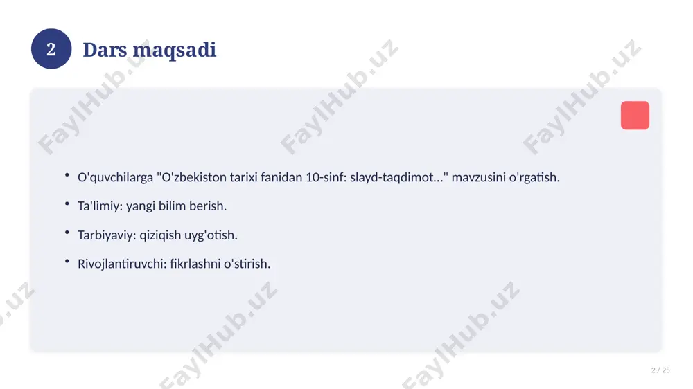maliy mashqlar to'plami. 16 17 xatolardan saqlanish 17 / 25 keng tarqalgan xatolar. ularning sabablari. oldini olish yo'llari. to'g'ri yondashuv. 17 18 kelajak istiqbollari 18 / 25 rivojlanish yo'nalishlari. yangi imkoniyatlar. innovatsion yechimlar. uzoq muddatli ta'sir. 18 19 amaliy tavsiyalar 19 / 25 tizimli yondashing. ishonchli manbalardan foydalaning. bilimni amaliyotda qo'llang. natijani muntazam baholang. 19 20 tez-tez so'raladigan savollar 20 / 25 asosiy tushuncha nima? u qanday qo'llaniladi? qanday afzalliklari bor? javoblar qisqa va aniq. 20 21 eng yaxshi amaliyotlar 21 / 25 sinovdan o'tgan usullar. samarali yondashuvlar. tajriba almashish. doimiy takomillashtirish. 21 22 muammolar va yechimlar 22 / 25 mavjud muammolar. ularning sabablari. yechim yo'llari. amaliy tavsiyalar. 22 23 asosiy ko'rsatkichlar 23 / 25 ko'rsatkich holati birinchi mezon yaxshi ikkinchi mezon o'rta uchinchi mezon yuqori 23 24 xulosa 24 / 25 o'zbekiston tarixi fanidan 10-sinf: slayd-taqdimot… bo'yicha asosiy jihatlar yoritildi. mavzu nazariy va amaliy ahamiyatga ega. olingan bilim amaliyotda …