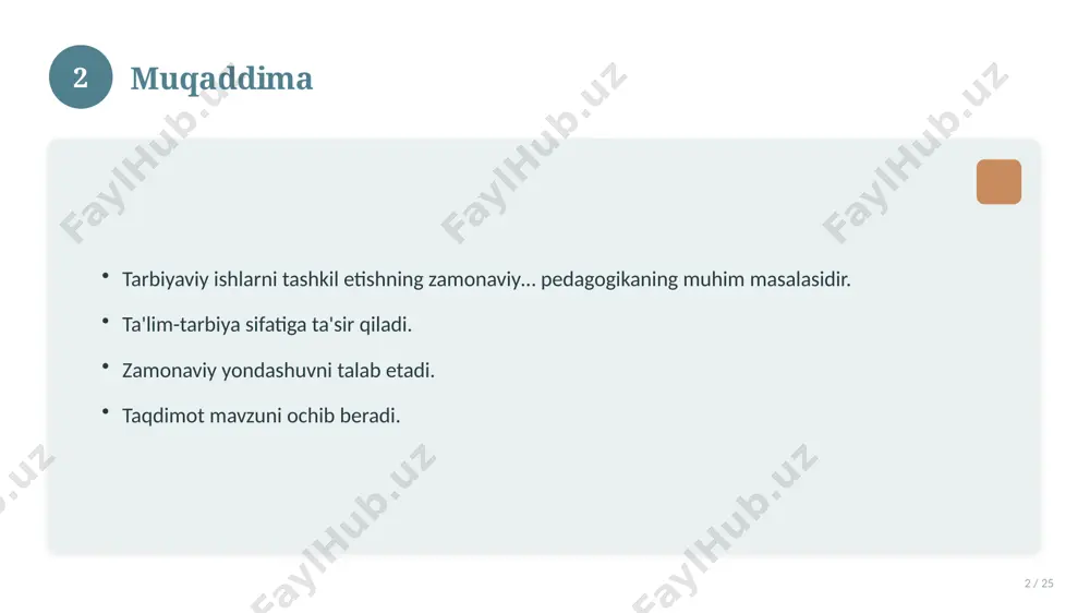 atsion yechimlar. uzoq muddatli ta'sir. 17 18 amaliy tavsiyalar 18 / 25 tizimli yondashing. ishonchli manbalardan foydalaning. bilimni amaliyotda qo'llang. natijani muntazam baholang. 18 19 tez-tez so'raladigan savollar 19 / 25 asosiy tushuncha nima? u qanday qo'llaniladi? qanday afzalliklari bor? javoblar qisqa va aniq. 19 20 eng yaxshi amaliyotlar 20 / 25 sinovdan o'tgan usullar. samarali yondashuvlar. tajriba almashish. doimiy takomillashtirish. 20 21 muammolar va yechimlar 21 / 25 mavjud muammolar. ularning sabablari. yechim yo'llari. amaliy tavsiyalar. 21 22 asosiy ko'rsatkichlar 22 / 25 ko'rsatkich holati birinchi mezon yaxshi ikkinchi mezon o'rta uchinchi mezon yuqori 22 23 amaliy misol 23 / 25 real hayotdan misol keltiriladi. bosqichlar bilan ko'rsatiladi. natija tahlil qilinadi. amaliy xulosa chiqariladi. 23 24 xulosa 24 / 25 tarbiyaviy ishlarni tashkil etishning zamonaviy… bo'yicha asosiy jihatlar yoritildi. mavzu nazariy va amaliy ahamiyatga ega. olingan bilim amaliyotda qo'llaniladi. doimiy o'rganish tavsiya etiladi. 24 25 foydalanilgan adabiyotlar 25 / …
