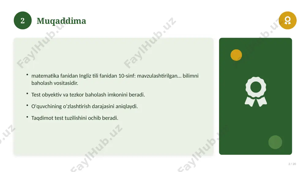 sinf: mavzulashtirilgan… bilan bog'liq kalit tushunchalar. atamalarning aniq ta'rifi beriladi. to'g'ri qo'llash muhim. tushunchalar o'zaro bog'liq. 14 15 tarixiy rivoji 15 / 20 mavzu vaqt o'tishi bilan rivojlangan. asosiy bosqichlar kuzatiladi. muhim o'zgarishlar yuz bergan. hozirgi holatga ta'sir ko'rsatgan. 15 16 zamonaviy holati 16 / 20 bugungi kundagi ahvol. yangi yondashuvlar paydo bo'lmoqda. dolzarb tendensiyalar. amaliy qo'llanilishi kengaymoqda. 16 17 qiyosiy tahlil 17 / 20 o'xshash hodisalar bilan solishtirish. umumiy jihatlar aniqlanadi. farqli tomonlar ko'rsatiladi. xulosalar chiqariladi. 17 18 afzallik va kamchiliklar 18 / 20 afzalliklari kamchiliklari samaradorlik murakkablik qulaylik resurs talabi tejamkorlik ayrim cheklovlar 18 19 xulosa 19 / 20 ingliz tili fanidan 10-sinf: mavzulashtirilgan… bo'yicha asosiy jihatlar yoritildi. mavzu nazariy va amaliy ahamiyatga ega. olingan bilim amaliyotda qo'llaniladi. doimiy o'rganish tavsiya etiladi. 19 20 foydalanilgan adabiyotlar 20 / 20 tegishli darslik va o'quv qo'llanmalari. ilmiy maqola va manbalar. internet va elektron resurslar. manba: soff.uz · 2026. 20 image-1-1.png …