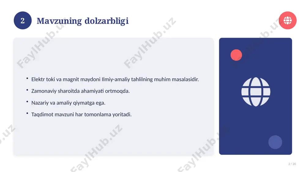 ngaymoqda. 16 17 qiyosiy tahlil 17 / 20 o'xshash hodisalar bilan solishtirish. umumiy jihatlar aniqlanadi. farqli tomonlar ko'rsatiladi. xulosalar chiqariladi. 17 18 afzallik va kamchiliklar 18 / 20 afzalliklari kamchiliklari samaradorlik murakkablik qulaylik resurs talabi tejamkorlik ayrim cheklovlar 18 19 xulosa 19 / 20 elektr toki va magnit maydoni bo'yicha asosiy jihatlar yoritildi. mavzu nazariy va amaliy ahamiyatga ega. olingan bilim amaliyotda qo'llaniladi. doimiy o'rganish tavsiya etiladi. 19 20 foydalanilgan adabiyotlar 20 / 20 tegishli darslik va o'quv qo'llanmalari. ilmiy maqola va manbalar. internet va elektron resurslar. manba: soff.uz · 2026. 20 image-1-1.png image-1-2.png image-1-3.png image-1-4.png image-2-1.png image-2-2.png image-3-1.png image-3-2.png image-4-1.png image-4-2.png image-5-1.png image-5-2.png image-6-1.png image-6-2.png image-7-1.png image-7-2.png image-8-1.png image-9-1.png image-9-2.png image-10-1.png image-10-2.png image-11-1.png image-11-2.png image-12-1.png image-12-2.png image-13-1.png image-13-2.png image-14-1.png image-14-2.png image-15-1.png image-15-2.png image-16-1.png image-16-2.png image-17-1.png image-17-2.png image-18-1.png image-19-1.png image-19-2.png image-20-1.png image-20-2.png