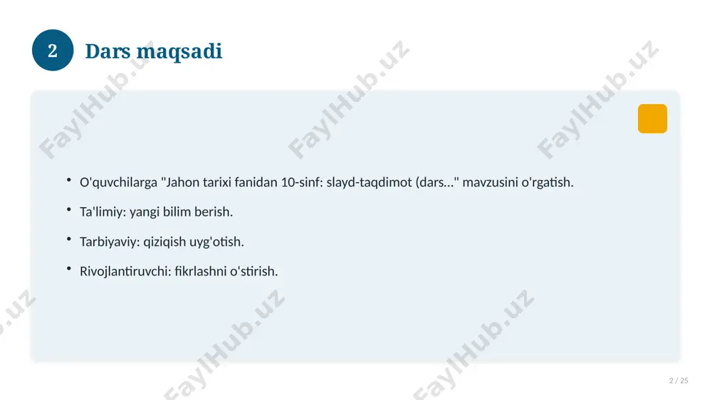 mashqlar to'plami. 16 17 xatolardan saqlanish 17 / 25 keng tarqalgan xatolar. ularning sabablari. oldini olish yo'llari. to'g'ri yondashuv. 17 18 kelajak istiqbollari 18 / 25 rivojlanish yo'nalishlari. yangi imkoniyatlar. innovatsion yechimlar. uzoq muddatli ta'sir. 18 19 amaliy tavsiyalar 19 / 25 tizimli yondashing. ishonchli manbalardan foydalaning. bilimni amaliyotda qo'llang. natijani muntazam baholang. 19 20 tez-tez so'raladigan savollar 20 / 25 asosiy tushuncha nima? u qanday qo'llaniladi? qanday afzalliklari bor? javoblar qisqa va aniq. 20 21 eng yaxshi amaliyotlar 21 / 25 sinovdan o'tgan usullar. samarali yondashuvlar. tajriba almashish. doimiy takomillashtirish. 21 22 muammolar va yechimlar 22 / 25 mavjud muammolar. ularning sabablari. yechim yo'llari. amaliy tavsiyalar. 22 23 asosiy ko'rsatkichlar 23 / 25 ko'rsatkich holati birinchi mezon yaxshi ikkinchi mezon o'rta uchinchi mezon yuqori 23 24 xulosa 24 / 25 jahon tarixi fanidan 10-sinf: slayd-taqdimot (dars… bo'yicha asosiy jihatlar yoritildi. mavzu nazariy va amaliy ahamiyatga ega. olingan bilim amaliyotda …