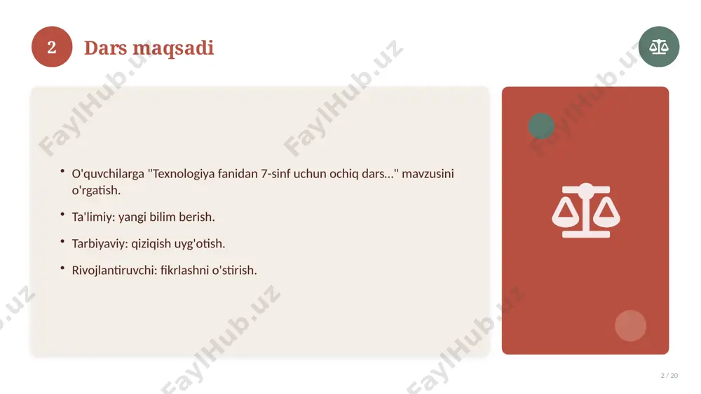 oji 16 / 20 mavzu vaqt o'tishi bilan rivojlangan. asosiy bosqichlar kuzatiladi. muhim o'zgarishlar yuz bergan. hozirgi holatga ta'sir ko'rsatgan. 16 17 zamonaviy holati 17 / 20 bugungi kundagi ahvol. yangi yondashuvlar paydo bo'lmoqda. dolzarb tendensiyalar. amaliy qo'llanilishi kengaymoqda. 17 18 qiyosiy tahlil 18 / 20 o'xshash hodisalar bilan solishtirish. umumiy jihatlar aniqlanadi. farqli tomonlar ko'rsatiladi. xulosalar chiqariladi. 18 19 xulosa 19 / 20 texnologiya fanidan 7-sinf uchun ochiq dars… bo'yicha asosiy jihatlar yoritildi. mavzu nazariy va amaliy ahamiyatga ega. olingan bilim amaliyotda qo'llaniladi. doimiy o'rganish tavsiya etiladi. 19 20 foydalanilgan adabiyotlar 20 / 20 tegishli darslik va o'quv qo'llanmalari. ilmiy maqola va manbalar. internet va elektron resurslar. manba: soff.uz · 2026. 20 image-1-1.png image-1-2.png image-1-3.png image-1-4.png image-2-1.png image-2-2.png image-3-1.png image-3-2.png image-4-1.png image-4-2.png image-5-1.png image-5-2.png image-6-1.png image-7-1.png image-7-2.png image-8-1.png image-8-2.png image-9-1.png image-9-2.png image-10-1.png image-10-2.png image-11-1.png image-11-2.png image-12-1.png image-12-2.png image-13-1.png image-13-2.png image-14-1.png image-14-2.png image-15-1.png image-15-2.png image-16-1.png image-16-2.png image-17-1.png image-17-2.png image-18-1.png image-18-2.png …