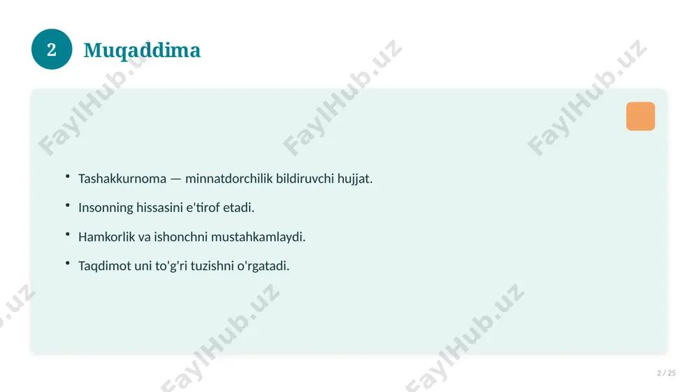 imloni tekshiring. tantanali topshiring. 14 15 qisqacha takrorlash 15 / 25 asosiy fikrlar. muhim tushunchalar. amaliy jihatlar. yakuniy xulosalar. 15 16 qo'shimcha resurslar 16 / 25 darslik va qo'llanmalar. onlayn manbalar. video darslar. amaliy mashqlar to'plami. 16 17 xatolardan saqlanish 17 / 25 keng tarqalgan xatolar. ularning sabablari. oldini olish yo'llari. to'g'ri yondashuv. 17 18 kelajak istiqbollari 18 / 25 rivojlanish yo'nalishlari. yangi imkoniyatlar. innovatsion yechimlar. uzoq muddatli ta'sir. 18 19 amaliy tavsiyalar 19 / 25 tizimli yondashing. ishonchli manbalardan foydalaning. bilimni amaliyotda qo'llang. natijani muntazam baholang. 19 20 tez-tez so'raladigan savollar 20 / 25 asosiy tushuncha nima? u qanday qo'llaniladi? qanday afzalliklari bor? javoblar qisqa va aniq. 20 21 eng yaxshi amaliyotlar 21 / 25 sinovdan o'tgan usullar. samarali yondashuvlar. tajriba almashish. doimiy takomillashtirish. 21 22 muammolar va yechimlar 22 / 25 mavjud muammolar. ularning sabablari. yechim yo'llari. amaliy tavsiyalar. 22 23 asosiy ko'rsatkichlar 23 / 25 ko'rsatkich holati …
