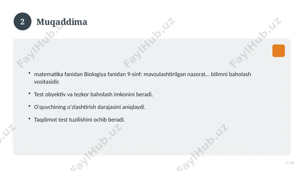 uhim tushunchalar. amaliy jihatlar. yakuniy xulosalar. 14 15 qo'shimcha resurslar 15 / 25 darslik va qo'llanmalar. onlayn manbalar. video darslar. amaliy mashqlar to'plami. 15 16 xatolardan saqlanish 16 / 25 keng tarqalgan xatolar. ularning sabablari. oldini olish yo'llari. to'g'ri yondashuv. 16 17 kelajak istiqbollari 17 / 25 rivojlanish yo'nalishlari. yangi imkoniyatlar. innovatsion yechimlar. uzoq muddatli ta'sir. 17 18 amaliy tavsiyalar 18 / 25 tizimli yondashing. ishonchli manbalardan foydalaning. bilimni amaliyotda qo'llang. natijani muntazam baholang. 18 19 tez-tez so'raladigan savollar 19 / 25 asosiy tushuncha nima? u qanday qo'llaniladi? qanday afzalliklari bor? javoblar qisqa va aniq. 19 20 eng yaxshi amaliyotlar 20 / 25 sinovdan o'tgan usullar. samarali yondashuvlar. tajriba almashish. doimiy takomillashtirish. 20 21 muammolar va yechimlar 21 / 25 mavjud muammolar. ularning sabablari. yechim yo'llari. amaliy tavsiyalar. 21 22 asosiy ko'rsatkichlar 22 / 25 ko'rsatkich holati birinchi mezon yaxshi ikkinchi mezon o'rta uchinchi mezon yuqori 22 23 amaliy misol …
