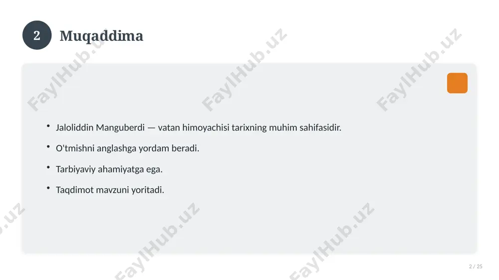 tda qo'llang. natijani muntazam baholang. 18 19 tez-tez so'raladigan savollar 19 / 25 asosiy tushuncha nima? u qanday qo'llaniladi? qanday afzalliklari bor? javoblar qisqa va aniq. 19 20 eng yaxshi amaliyotlar 20 / 25 sinovdan o'tgan usullar. samarali yondashuvlar. tajriba almashish. doimiy takomillashtirish. 20 21 muammolar va yechimlar 21 / 25 mavjud muammolar. ularning sabablari. yechim yo'llari. amaliy tavsiyalar. 21 22 asosiy ko'rsatkichlar 22 / 25 ko'rsatkich holati birinchi mezon yaxshi ikkinchi mezon o'rta uchinchi mezon yuqori 22 23 amaliy misol 23 / 25 real hayotdan misol keltiriladi. bosqichlar bilan ko'rsatiladi. natija tahlil qilinadi. amaliy xulosa chiqariladi. 23 24 xulosa 24 / 25 jaloliddin manguberdi — vatan himoyachisi bo'yicha asosiy jihatlar yoritildi. mavzu nazariy va amaliy ahamiyatga ega. olingan bilim amaliyotda qo'llaniladi. doimiy o'rganish tavsiya etiladi. 24 25 foydalanilgan adabiyotlar 25 / 25 tegishli darslik va o'quv qo'llanmalari. ilmiy maqola va manbalar. internet va elektron resurslar. manba: soff.uz · 2026. …