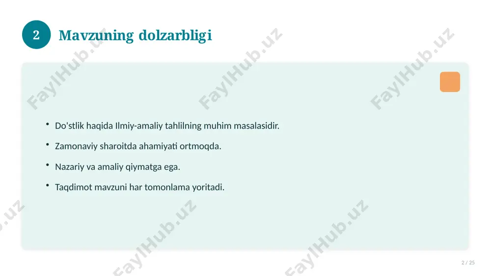 i yondashing. ishonchli manbalardan foydalaning. bilimni amaliyotda qo'llang. natijani muntazam baholang. 18 19 tez-tez so'raladigan savollar 19 / 25 asosiy tushuncha nima? u qanday qo'llaniladi? qanday afzalliklari bor? javoblar qisqa va aniq. 19 20 eng yaxshi amaliyotlar 20 / 25 sinovdan o'tgan usullar. samarali yondashuvlar. tajriba almashish. doimiy takomillashtirish. 20 21 muammolar va yechimlar 21 / 25 mavjud muammolar. ularning sabablari. yechim yo'llari. amaliy tavsiyalar. 21 22 asosiy ko'rsatkichlar 22 / 25 ko'rsatkich holati birinchi mezon yaxshi ikkinchi mezon o'rta uchinchi mezon yuqori 22 23 amaliy misol 23 / 25 real hayotdan misol keltiriladi. bosqichlar bilan ko'rsatiladi. natija tahlil qilinadi. amaliy xulosa chiqariladi. 23 24 xulosa 24 / 25 do'stlik haqida bo'yicha asosiy jihatlar yoritildi. mavzu nazariy va amaliy ahamiyatga ega. olingan bilim amaliyotda qo'llaniladi. doimiy o'rganish tavsiya etiladi. 24 25 foydalanilgan adabiyotlar 25 / 25 tegishli darslik va o'quv qo'llanmalari. ilmiy maqola va manbalar. internet va elektron resurslar. manba: …