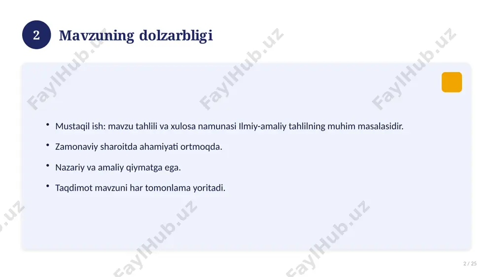 . uzoq muddatli ta'sir. 17 18 amaliy tavsiyalar 18 / 25 tizimli yondashing. ishonchli manbalardan foydalaning. bilimni amaliyotda qo'llang. natijani muntazam baholang. 18 19 tez-tez so'raladigan savollar 19 / 25 asosiy tushuncha nima? u qanday qo'llaniladi? qanday afzalliklari bor? javoblar qisqa va aniq. 19 20 eng yaxshi amaliyotlar 20 / 25 sinovdan o'tgan usullar. samarali yondashuvlar. tajriba almashish. doimiy takomillashtirish. 20 21 muammolar va yechimlar 21 / 25 mavjud muammolar. ularning sabablari. yechim yo'llari. amaliy tavsiyalar. 21 22 asosiy ko'rsatkichlar 22 / 25 ko'rsatkich holati birinchi mezon yaxshi ikkinchi mezon o'rta uchinchi mezon yuqori 22 23 amaliy misol 23 / 25 real hayotdan misol keltiriladi. bosqichlar bilan ko'rsatiladi. natija tahlil qilinadi. amaliy xulosa chiqariladi. 23 24 xulosa 24 / 25 mustaqil ish: mavzu tahlili va xulosa namunasi bo'yicha asosiy jihatlar yoritildi. mavzu nazariy va amaliy ahamiyatga ega. olingan bilim amaliyotda qo'llaniladi. doimiy o'rganish tavsiya etiladi. 24 25 foydalanilgan adabiyotlar 25 …