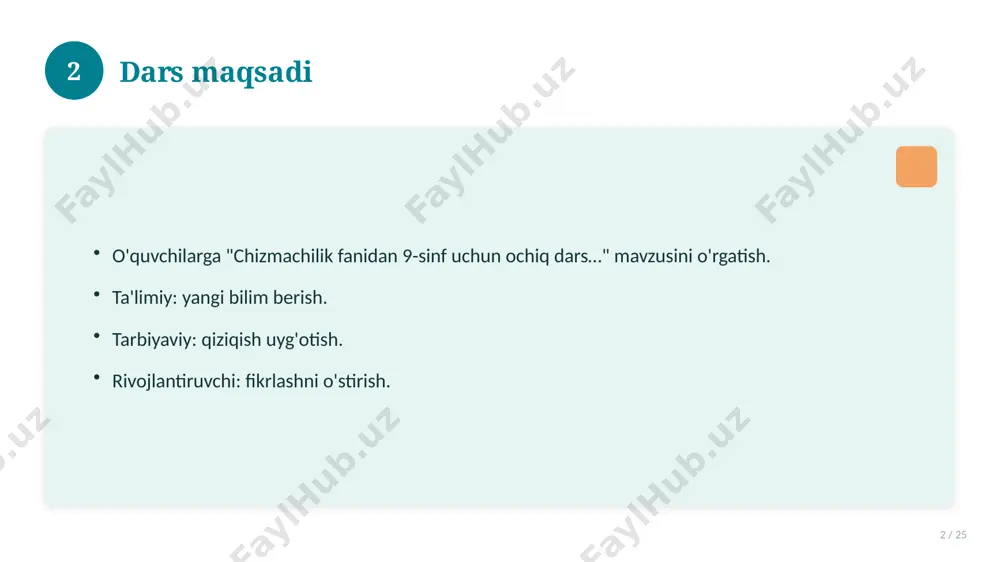 to'plami. 16 17 xatolardan saqlanish 17 / 25 keng tarqalgan xatolar. ularning sabablari. oldini olish yo'llari. to'g'ri yondashuv. 17 18 kelajak istiqbollari 18 / 25 rivojlanish yo'nalishlari. yangi imkoniyatlar. innovatsion yechimlar. uzoq muddatli ta'sir. 18 19 amaliy tavsiyalar 19 / 25 tizimli yondashing. ishonchli manbalardan foydalaning. bilimni amaliyotda qo'llang. natijani muntazam baholang. 19 20 tez-tez so'raladigan savollar 20 / 25 asosiy tushuncha nima? u qanday qo'llaniladi? qanday afzalliklari bor? javoblar qisqa va aniq. 20 21 eng yaxshi amaliyotlar 21 / 25 sinovdan o'tgan usullar. samarali yondashuvlar. tajriba almashish. doimiy takomillashtirish. 21 22 muammolar va yechimlar 22 / 25 mavjud muammolar. ularning sabablari. yechim yo'llari. amaliy tavsiyalar. 22 23 asosiy ko'rsatkichlar 23 / 25 ko'rsatkich holati birinchi mezon yaxshi ikkinchi mezon o'rta uchinchi mezon yuqori 23 24 xulosa 24 / 25 chizmachilik fanidan 9-sinf uchun ochiq dars… bo'yicha asosiy jihatlar yoritildi. mavzu nazariy va amaliy ahamiyatga ega. olingan bilim amaliyotda qo'llaniladi. …