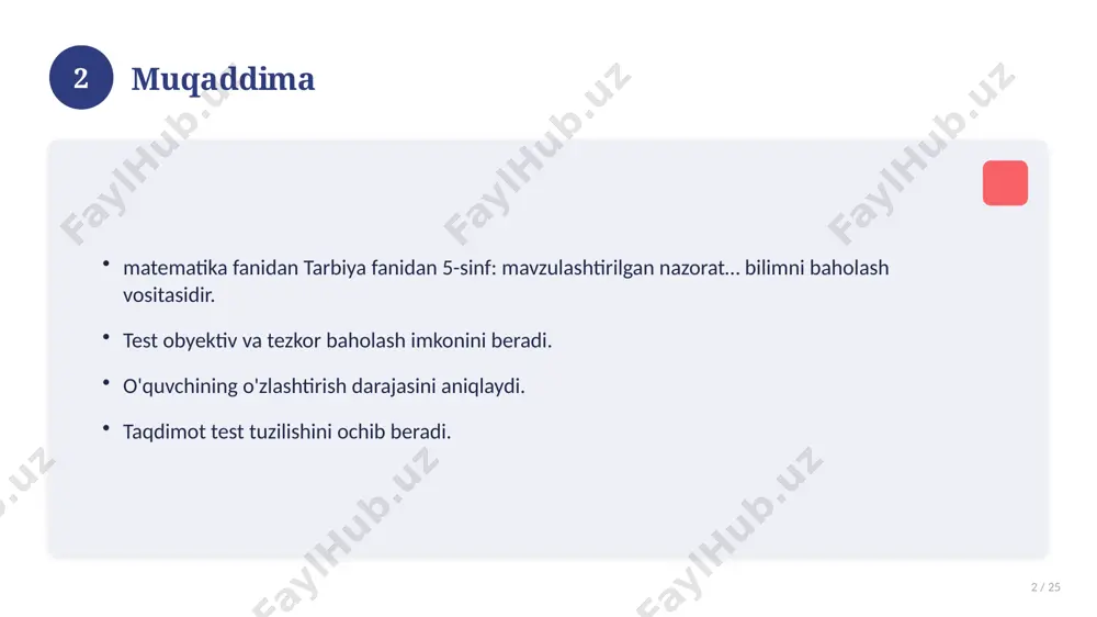 tushunchalar. amaliy jihatlar. yakuniy xulosalar. 14 15 qo'shimcha resurslar 15 / 25 darslik va qo'llanmalar. onlayn manbalar. video darslar. amaliy mashqlar to'plami. 15 16 xatolardan saqlanish 16 / 25 keng tarqalgan xatolar. ularning sabablari. oldini olish yo'llari. to'g'ri yondashuv. 16 17 kelajak istiqbollari 17 / 25 rivojlanish yo'nalishlari. yangi imkoniyatlar. innovatsion yechimlar. uzoq muddatli ta'sir. 17 18 amaliy tavsiyalar 18 / 25 tizimli yondashing. ishonchli manbalardan foydalaning. bilimni amaliyotda qo'llang. natijani muntazam baholang. 18 19 tez-tez so'raladigan savollar 19 / 25 asosiy tushuncha nima? u qanday qo'llaniladi? qanday afzalliklari bor? javoblar qisqa va aniq. 19 20 eng yaxshi amaliyotlar 20 / 25 sinovdan o'tgan usullar. samarali yondashuvlar. tajriba almashish. doimiy takomillashtirish. 20 21 muammolar va yechimlar 21 / 25 mavjud muammolar. ularning sabablari. yechim yo'llari. amaliy tavsiyalar. 21 22 asosiy ko'rsatkichlar 22 / 25 ko'rsatkich holati birinchi mezon yaxshi ikkinchi mezon o'rta uchinchi mezon yuqori 22 23 amaliy misol 23 …