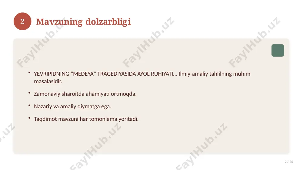 gi yondashuvlar paydo bo'lmoqda. dolzarb tendensiyalar. amaliy qo'llanilishi kengaymoqda. 16 17 qiyosiy tahlil 17 / 25 o'xshash hodisalar bilan solishtirish. umumiy jihatlar aniqlanadi. farqli tomonlar ko'rsatiladi. xulosalar chiqariladi. 17 18 afzallik va kamchiliklar 18 / 25 afzalliklari kamchiliklari samaradorlik murakkablik qulaylik resurs talabi tejamkorlik ayrim cheklovlar 18 19 bosqichma-bosqich yondashuv 19 / 25 1-bosqich: tayyorgarlik. 2-bosqich: amalga oshirish. 3-bosqich: tahlil. 4-bosqich: xulosa. 19 20 amaliy misol 20 / 25 real hayotdan misol keltiriladi. bosqichlar bilan ko'rsatiladi. natija tahlil qilinadi. amaliy xulosa chiqariladi. 20 21 asosiy ko'rsatkichlar 21 / 25 ko'rsatkich holati birinchi mezon yaxshi ikkinchi mezon o'rta uchinchi mezon yuqori 21 22 muammolar va yechimlar 22 / 25 mavjud muammolar. ularning sabablari. yechim yo'llari. amaliy tavsiyalar. 22 23 eng yaxshi amaliyotlar 23 / 25 sinovdan o'tgan usullar. samarali yondashuvlar. tajriba almashish. doimiy takomillashtirish. 23 24 xulosa 24 / 25 yevripidning "medeya" tragediyasida ayol ruhiyati… bo'yicha asosiy jihatlar yoritildi. mavzu nazariy …