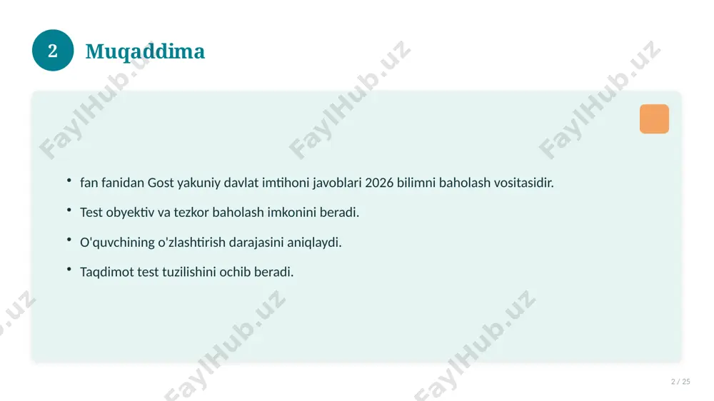 chalar. atamalarning aniq ta'rifi beriladi. to'g'ri qo'llash muhim. tushunchalar o'zaro bog'liq. 14 15 tarixiy rivoji 15 / 25 mavzu vaqt o'tishi bilan rivojlangan. asosiy bosqichlar kuzatiladi. muhim o'zgarishlar yuz bergan. hozirgi holatga ta'sir ko'rsatgan. 15 16 zamonaviy holati 16 / 25 bugungi kundagi ahvol. yangi yondashuvlar paydo bo'lmoqda. dolzarb tendensiyalar. amaliy qo'llanilishi kengaymoqda. 16 17 qiyosiy tahlil 17 / 25 o'xshash hodisalar bilan solishtirish. umumiy jihatlar aniqlanadi. farqli tomonlar ko'rsatiladi. xulosalar chiqariladi. 17 18 afzallik va kamchiliklar 18 / 25 afzalliklari kamchiliklari samaradorlik murakkablik qulaylik resurs talabi tejamkorlik ayrim cheklovlar 18 19 bosqichma-bosqich yondashuv 19 / 25 1-bosqich: tayyorgarlik. 2-bosqich: amalga oshirish. 3-bosqich: tahlil. 4-bosqich: xulosa. 19 20 amaliy misol 20 / 25 real hayotdan misol keltiriladi. bosqichlar bilan ko'rsatiladi. natija tahlil qilinadi. amaliy xulosa chiqariladi. 20 21 asosiy ko'rsatkichlar 21 / 25 ko'rsatkich holati birinchi mezon yaxshi ikkinchi mezon o'rta uchinchi mezon yuqori 21 22 muammolar va yechimlar 22 …