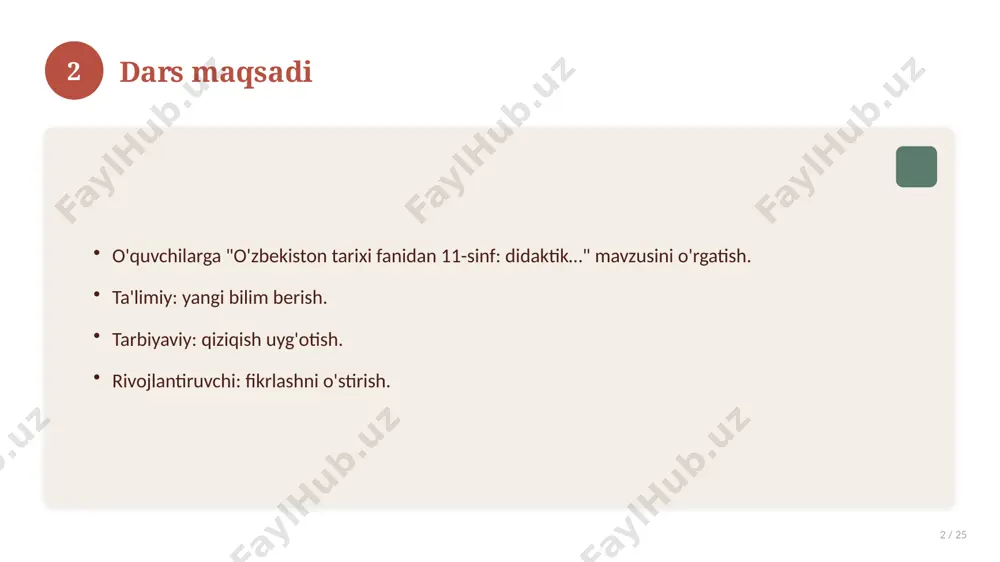 y mashqlar to'plami. 16 17 xatolardan saqlanish 17 / 25 keng tarqalgan xatolar. ularning sabablari. oldini olish yo'llari. to'g'ri yondashuv. 17 18 kelajak istiqbollari 18 / 25 rivojlanish yo'nalishlari. yangi imkoniyatlar. innovatsion yechimlar. uzoq muddatli ta'sir. 18 19 amaliy tavsiyalar 19 / 25 tizimli yondashing. ishonchli manbalardan foydalaning. bilimni amaliyotda qo'llang. natijani muntazam baholang. 19 20 tez-tez so'raladigan savollar 20 / 25 asosiy tushuncha nima? u qanday qo'llaniladi? qanday afzalliklari bor? javoblar qisqa va aniq. 20 21 eng yaxshi amaliyotlar 21 / 25 sinovdan o'tgan usullar. samarali yondashuvlar. tajriba almashish. doimiy takomillashtirish. 21 22 muammolar va yechimlar 22 / 25 mavjud muammolar. ularning sabablari. yechim yo'llari. amaliy tavsiyalar. 22 23 asosiy ko'rsatkichlar 23 / 25 ko'rsatkich holati birinchi mezon yaxshi ikkinchi mezon o'rta uchinchi mezon yuqori 23 24 xulosa 24 / 25 o'zbekiston tarixi fanidan 11-sinf: didaktik… bo'yicha asosiy jihatlar yoritildi. mavzu nazariy va amaliy ahamiyatga ega. olingan bilim amaliyotda …
