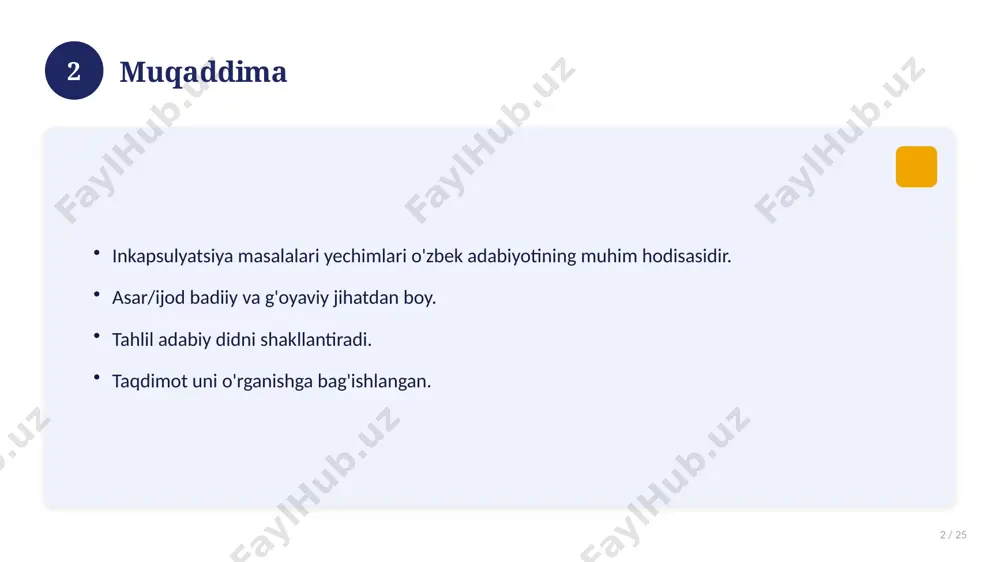 paydo bo'lmoqda. dolzarb tendensiyalar. amaliy qo'llanilishi kengaymoqda. 16 17 qiyosiy tahlil 17 / 25 o'xshash hodisalar bilan solishtirish. umumiy jihatlar aniqlanadi. farqli tomonlar ko'rsatiladi. xulosalar chiqariladi. 17 18 afzallik va kamchiliklar 18 / 25 afzalliklari kamchiliklari samaradorlik murakkablik qulaylik resurs talabi tejamkorlik ayrim cheklovlar 18 19 bosqichma-bosqich yondashuv 19 / 25 1-bosqich: tayyorgarlik. 2-bosqich: amalga oshirish. 3-bosqich: tahlil. 4-bosqich: xulosa. 19 20 amaliy misol 20 / 25 real hayotdan misol keltiriladi. bosqichlar bilan ko'rsatiladi. natija tahlil qilinadi. amaliy xulosa chiqariladi. 20 21 asosiy ko'rsatkichlar 21 / 25 ko'rsatkich holati birinchi mezon yaxshi ikkinchi mezon o'rta uchinchi mezon yuqori 21 22 muammolar va yechimlar 22 / 25 mavjud muammolar. ularning sabablari. yechim yo'llari. amaliy tavsiyalar. 22 23 eng yaxshi amaliyotlar 23 / 25 sinovdan o'tgan usullar. samarali yondashuvlar. tajriba almashish. doimiy takomillashtirish. 23 24 xulosa 24 / 25 inkapsulyatsiya masalalari yechimlari bo'yicha asosiy jihatlar yoritildi. mavzu nazariy va amaliy ahamiyatga ega. …