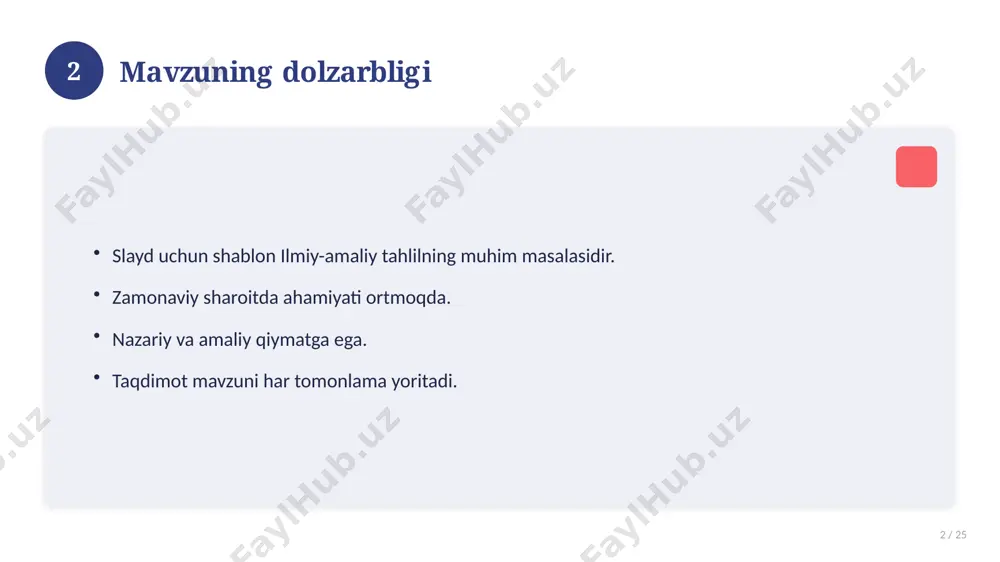 imli yondashing. ishonchli manbalardan foydalaning. bilimni amaliyotda qo'llang. natijani muntazam baholang. 18 19 tez-tez so'raladigan savollar 19 / 25 asosiy tushuncha nima? u qanday qo'llaniladi? qanday afzalliklari bor? javoblar qisqa va aniq. 19 20 eng yaxshi amaliyotlar 20 / 25 sinovdan o'tgan usullar. samarali yondashuvlar. tajriba almashish. doimiy takomillashtirish. 20 21 muammolar va yechimlar 21 / 25 mavjud muammolar. ularning sabablari. yechim yo'llari. amaliy tavsiyalar. 21 22 asosiy ko'rsatkichlar 22 / 25 ko'rsatkich holati birinchi mezon yaxshi ikkinchi mezon o'rta uchinchi mezon yuqori 22 23 amaliy misol 23 / 25 real hayotdan misol keltiriladi. bosqichlar bilan ko'rsatiladi. natija tahlil qilinadi. amaliy xulosa chiqariladi. 23 24 xulosa 24 / 25 slayd uchun shablon bo'yicha asosiy jihatlar yoritildi. mavzu nazariy va amaliy ahamiyatga ega. olingan bilim amaliyotda qo'llaniladi. doimiy o'rganish tavsiya etiladi. 24 25 foydalanilgan adabiyotlar 25 / 25 tegishli darslik va o'quv qo'llanmalari. ilmiy maqola va manbalar. internet va elektron resurslar. …