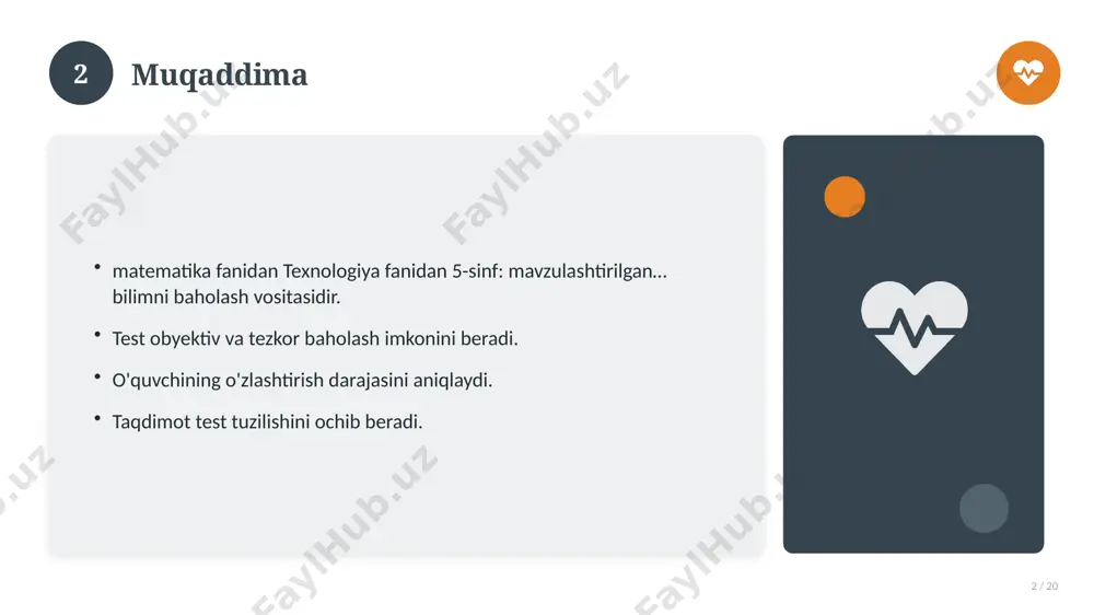 f: mavzulashtirilgan… bilan bog'liq kalit tushunchalar. atamalarning aniq ta'rifi beriladi. to'g'ri qo'llash muhim. tushunchalar o'zaro bog'liq. 14 15 tarixiy rivoji 15 / 20 mavzu vaqt o'tishi bilan rivojlangan. asosiy bosqichlar kuzatiladi. muhim o'zgarishlar yuz bergan. hozirgi holatga ta'sir ko'rsatgan. 15 16 zamonaviy holati 16 / 20 bugungi kundagi ahvol. yangi yondashuvlar paydo bo'lmoqda. dolzarb tendensiyalar. amaliy qo'llanilishi kengaymoqda. 16 17 qiyosiy tahlil 17 / 20 o'xshash hodisalar bilan solishtirish. umumiy jihatlar aniqlanadi. farqli tomonlar ko'rsatiladi. xulosalar chiqariladi. 17 18 afzallik va kamchiliklar 18 / 20 afzalliklari kamchiliklari samaradorlik murakkablik qulaylik resurs talabi tejamkorlik ayrim cheklovlar 18 19 xulosa 19 / 20 texnologiya fanidan 5-sinf: mavzulashtirilgan… bo'yicha asosiy jihatlar yoritildi. mavzu nazariy va amaliy ahamiyatga ega. olingan bilim amaliyotda qo'llaniladi. doimiy o'rganish tavsiya etiladi. 19 20 foydalanilgan adabiyotlar 20 / 20 tegishli darslik va o'quv qo'llanmalari. ilmiy maqola va manbalar. internet va elektron resurslar. manba: soff.uz · 2026. 20 image-1-1.png image-1-2.png …