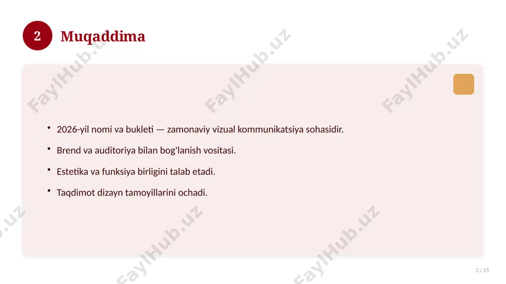 -tez so'raladigan savollar 19 / 25 asosiy tushuncha nima? u qanday qo'llaniladi? qanday afzalliklari bor? javoblar qisqa va aniq. 19 20 eng yaxshi amaliyotlar 20 / 25 sinovdan o'tgan usullar. samarali yondashuvlar. tajriba almashish. doimiy takomillashtirish. 20 21 muammolar va yechimlar 21 / 25 mavjud muammolar. ularning sabablari. yechim yo'llari. amaliy tavsiyalar. 21 22 asosiy ko'rsatkichlar 22 / 25 ko'rsatkich holati birinchi mezon yaxshi ikkinchi mezon o'rta uchinchi mezon yuqori 22 23 amaliy misol 23 / 25 real hayotdan misol keltiriladi. bosqichlar bilan ko'rsatiladi. natija tahlil qilinadi. amaliy xulosa chiqariladi. 23 24 xulosa 24 / 25 2026-yil nomi va bukleti bo'yicha asosiy jihatlar yoritildi. mavzu nazariy va amaliy ahamiyatga ega. olingan bilim amaliyotda qo'llaniladi. doimiy o'rganish tavsiya etiladi. 24 25 foydalanilgan adabiyotlar 25 / 25 tegishli darslik va o'quv qo'llanmalari. ilmiy maqola va manbalar. internet va elektron resurslar. manba: soff.uz · 2026. 25