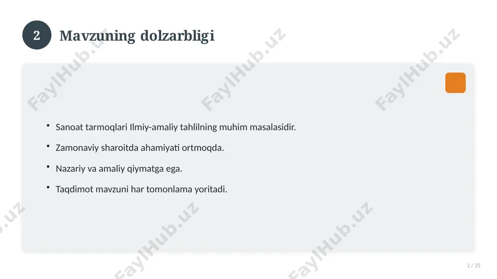 zimli yondashing. ishonchli manbalardan foydalaning. bilimni amaliyotda qo'llang. natijani muntazam baholang. 18 19 tez-tez so'raladigan savollar 19 / 25 asosiy tushuncha nima? u qanday qo'llaniladi? qanday afzalliklari bor? javoblar qisqa va aniq. 19 20 eng yaxshi amaliyotlar 20 / 25 sinovdan o'tgan usullar. samarali yondashuvlar. tajriba almashish. doimiy takomillashtirish. 20 21 muammolar va yechimlar 21 / 25 mavjud muammolar. ularning sabablari. yechim yo'llari. amaliy tavsiyalar. 21 22 asosiy ko'rsatkichlar 22 / 25 ko'rsatkich holati birinchi mezon yaxshi ikkinchi mezon o'rta uchinchi mezon yuqori 22 23 amaliy misol 23 / 25 real hayotdan misol keltiriladi. bosqichlar bilan ko'rsatiladi. natija tahlil qilinadi. amaliy xulosa chiqariladi. 23 24 xulosa 24 / 25 sanoat tarmoqlari bo'yicha asosiy jihatlar yoritildi. mavzu nazariy va amaliy ahamiyatga ega. olingan bilim amaliyotda qo'llaniladi. doimiy o'rganish tavsiya etiladi. 24 25 foydalanilgan adabiyotlar 25 / 25 tegishli darslik va o'quv qo'llanmalari. ilmiy maqola va manbalar. internet va elektron resurslar. manba: …