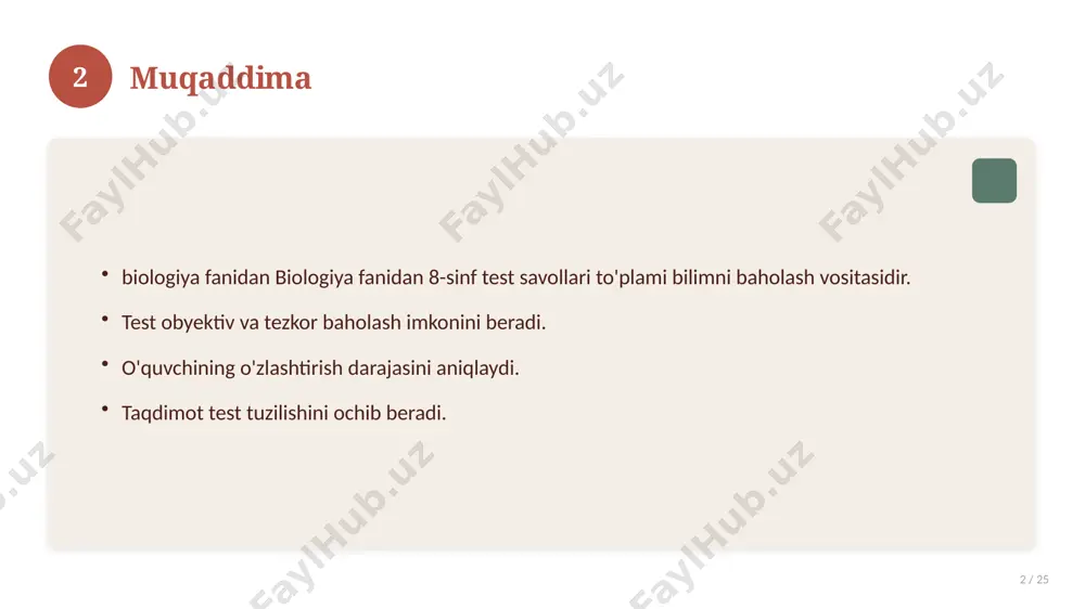 y jihatlar. yakuniy xulosalar. 14 15 qo'shimcha resurslar 15 / 25 darslik va qo'llanmalar. onlayn manbalar. video darslar. amaliy mashqlar to'plami. 15 16 xatolardan saqlanish 16 / 25 keng tarqalgan xatolar. ularning sabablari. oldini olish yo'llari. to'g'ri yondashuv. 16 17 kelajak istiqbollari 17 / 25 rivojlanish yo'nalishlari. yangi imkoniyatlar. innovatsion yechimlar. uzoq muddatli ta'sir. 17 18 amaliy tavsiyalar 18 / 25 tizimli yondashing. ishonchli manbalardan foydalaning. bilimni amaliyotda qo'llang. natijani muntazam baholang. 18 19 tez-tez so'raladigan savollar 19 / 25 asosiy tushuncha nima? u qanday qo'llaniladi? qanday afzalliklari bor? javoblar qisqa va aniq. 19 20 eng yaxshi amaliyotlar 20 / 25 sinovdan o'tgan usullar. samarali yondashuvlar. tajriba almashish. doimiy takomillashtirish. 20 21 muammolar va yechimlar 21 / 25 mavjud muammolar. ularning sabablari. yechim yo'llari. amaliy tavsiyalar. 21 22 asosiy ko'rsatkichlar 22 / 25 ko'rsatkich holati birinchi mezon yaxshi ikkinchi mezon o'rta uchinchi mezon yuqori 22 23 amaliy misol 23 / …