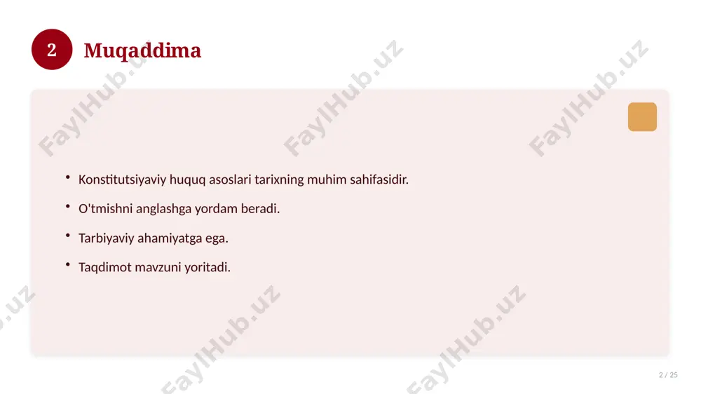 ni muntazam baholang. 18 19 tez-tez so'raladigan savollar 19 / 25 asosiy tushuncha nima? u qanday qo'llaniladi? qanday afzalliklari bor? javoblar qisqa va aniq. 19 20 eng yaxshi amaliyotlar 20 / 25 sinovdan o'tgan usullar. samarali yondashuvlar. tajriba almashish. doimiy takomillashtirish. 20 21 muammolar va yechimlar 21 / 25 mavjud muammolar. ularning sabablari. yechim yo'llari. amaliy tavsiyalar. 21 22 asosiy ko'rsatkichlar 22 / 25 ko'rsatkich holati birinchi mezon yaxshi ikkinchi mezon o'rta uchinchi mezon yuqori 22 23 amaliy misol 23 / 25 real hayotdan misol keltiriladi. bosqichlar bilan ko'rsatiladi. natija tahlil qilinadi. amaliy xulosa chiqariladi. 23 24 xulosa 24 / 25 konstitutsiyaviy huquq asoslari bo'yicha asosiy jihatlar yoritildi. mavzu nazariy va amaliy ahamiyatga ega. olingan bilim amaliyotda qo'llaniladi. doimiy o'rganish tavsiya etiladi. 24 25 foydalanilgan adabiyotlar 25 / 25 tegishli darslik va o'quv qo'llanmalari. ilmiy maqola va manbalar. internet va elektron resurslar. manba: soff.uz · 2026. 25