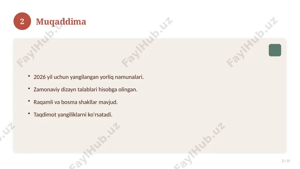va yilni to'g'ri kiriting. imloni tekshiring. 14 15 xulosa 15 / 15 2026 namunalari zamonaviy va ishonchli. qr-kod va raqamli imzo qulaylik beradi. toza dizayn nufuzni oshiradi. manba: soff.uz · 2026. 15