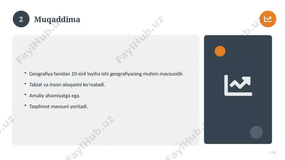 8 afzallik va kamchiliklar 18 / 20 afzalliklari kamchiliklari samaradorlik murakkablik qulaylik resurs talabi tejamkorlik ayrim cheklovlar 18 19 xulosa 19 / 20 geografiya fanidan 10-sinf loyiha ishi bo'yicha asosiy jihatlar yoritildi. mavzu nazariy va amaliy ahamiyatga ega. olingan bilim amaliyotda qo'llaniladi. doimiy o'rganish tavsiya etiladi. 19 20 foydalanilgan adabiyotlar 20 / 20 tegishli darslik va o'quv qo'llanmalari. ilmiy maqola va manbalar. internet va elektron resurslar. manba: soff.uz · 2026. 20 image-1-1.png image-1-2.png image-1-3.png image-1-4.png image-2-1.png image-2-2.png image-3-1.png image-3-2.png image-4-1.png image-4-2.png image-5-1.png image-5-2.png image-6-1.png image-6-2.png image-7-1.png image-7-2.png image-8-1.png image-9-1.png image-9-2.png image-10-1.png image-10-2.png image-11-1.png image-11-2.png image-12-1.png image-12-2.png image-13-1.png image-13-2.png image-14-1.png image-14-2.png image-15-1.png image-15-2.png image-16-1.png image-16-2.png image-17-1.png image-17-2.png image-18-1.png image-19-1.png image-19-2.png image-20-1.png image-20-2.png