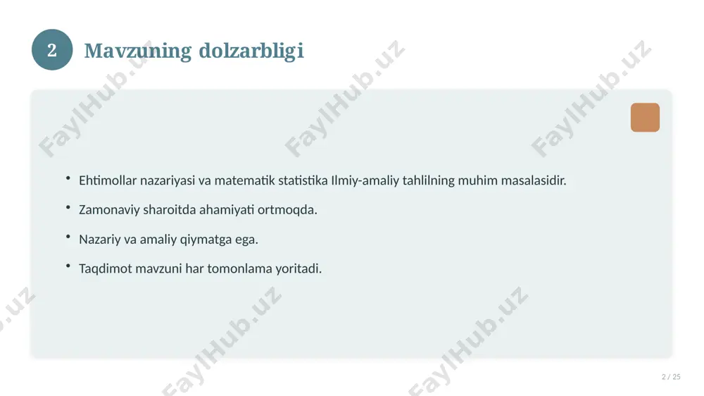uzoq muddatli ta'sir. 17 18 amaliy tavsiyalar 18 / 25 tizimli yondashing. ishonchli manbalardan foydalaning. bilimni amaliyotda qo'llang. natijani muntazam baholang. 18 19 tez-tez so'raladigan savollar 19 / 25 asosiy tushuncha nima? u qanday qo'llaniladi? qanday afzalliklari bor? javoblar qisqa va aniq. 19 20 eng yaxshi amaliyotlar 20 / 25 sinovdan o'tgan usullar. samarali yondashuvlar. tajriba almashish. doimiy takomillashtirish. 20 21 muammolar va yechimlar 21 / 25 mavjud muammolar. ularning sabablari. yechim yo'llari. amaliy tavsiyalar. 21 22 asosiy ko'rsatkichlar 22 / 25 ko'rsatkich holati birinchi mezon yaxshi ikkinchi mezon o'rta uchinchi mezon yuqori 22 23 amaliy misol 23 / 25 real hayotdan misol keltiriladi. bosqichlar bilan ko'rsatiladi. natija tahlil qilinadi. amaliy xulosa chiqariladi. 23 24 xulosa 24 / 25 ehtimollar nazariyasi va matematik statistika bo'yicha asosiy jihatlar yoritildi. mavzu nazariy va amaliy ahamiyatga ega. olingan bilim amaliyotda qo'llaniladi. doimiy o'rganish tavsiya etiladi. 24 25 foydalanilgan adabiyotlar 25 / 25 tegishli …