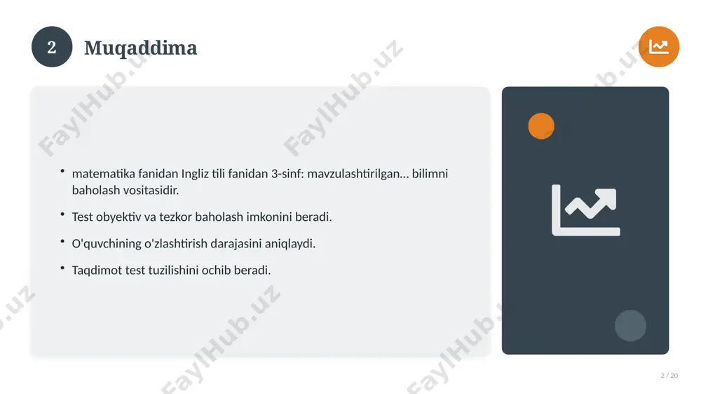 f: mavzulashtirilgan… bilan bog'liq kalit tushunchalar. atamalarning aniq ta'rifi beriladi. to'g'ri qo'llash muhim. tushunchalar o'zaro bog'liq. 14 15 tarixiy rivoji 15 / 20 mavzu vaqt o'tishi bilan rivojlangan. asosiy bosqichlar kuzatiladi. muhim o'zgarishlar yuz bergan. hozirgi holatga ta'sir ko'rsatgan. 15 16 zamonaviy holati 16 / 20 bugungi kundagi ahvol. yangi yondashuvlar paydo bo'lmoqda. dolzarb tendensiyalar. amaliy qo'llanilishi kengaymoqda. 16 17 qiyosiy tahlil 17 / 20 o'xshash hodisalar bilan solishtirish. umumiy jihatlar aniqlanadi. farqli tomonlar ko'rsatiladi. xulosalar chiqariladi. 17 18 afzallik va kamchiliklar 18 / 20 afzalliklari kamchiliklari samaradorlik murakkablik qulaylik resurs talabi tejamkorlik ayrim cheklovlar 18 19 xulosa 19 / 20 ingliz tili fanidan 3-sinf: mavzulashtirilgan… bo'yicha asosiy jihatlar yoritildi. mavzu nazariy va amaliy ahamiyatga ega. olingan bilim amaliyotda qo'llaniladi. doimiy o'rganish tavsiya etiladi. 19 20 foydalanilgan adabiyotlar 20 / 20 tegishli darslik va o'quv qo'llanmalari. ilmiy maqola va manbalar. internet va elektron resurslar. manba: soff.uz · 2026. 20 image-1-1.png …