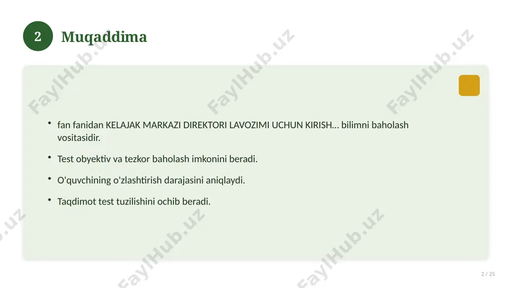 … bilan bog'liq kalit tushunchalar. atamalarning aniq ta'rifi beriladi. to'g'ri qo'llash muhim. tushunchalar o'zaro bog'liq. 14 15 tarixiy rivoji 15 / 25 mavzu vaqt o'tishi bilan rivojlangan. asosiy bosqichlar kuzatiladi. muhim o'zgarishlar yuz bergan. hozirgi holatga ta'sir ko'rsatgan. 15 16 zamonaviy holati 16 / 25 bugungi kundagi ahvol. yangi yondashuvlar paydo bo'lmoqda. dolzarb tendensiyalar. amaliy qo'llanilishi kengaymoqda. 16 17 qiyosiy tahlil 17 / 25 o'xshash hodisalar bilan solishtirish. umumiy jihatlar aniqlanadi. farqli tomonlar ko'rsatiladi. xulosalar chiqariladi. 17 18 afzallik va kamchiliklar 18 / 25 afzalliklari kamchiliklari samaradorlik murakkablik qulaylik resurs talabi tejamkorlik ayrim cheklovlar 18 19 bosqichma-bosqich yondashuv 19 / 25 1-bosqich: tayyorgarlik. 2-bosqich: amalga oshirish. 3-bosqich: tahlil. 4-bosqich: xulosa. 19 20 amaliy misol 20 / 25 real hayotdan misol keltiriladi. bosqichlar bilan ko'rsatiladi. natija tahlil qilinadi. amaliy xulosa chiqariladi. 20 21 asosiy ko'rsatkichlar 21 / 25 ko'rsatkich holati birinchi mezon yaxshi ikkinchi mezon o'rta uchinchi mezon yuqori 21 22 …