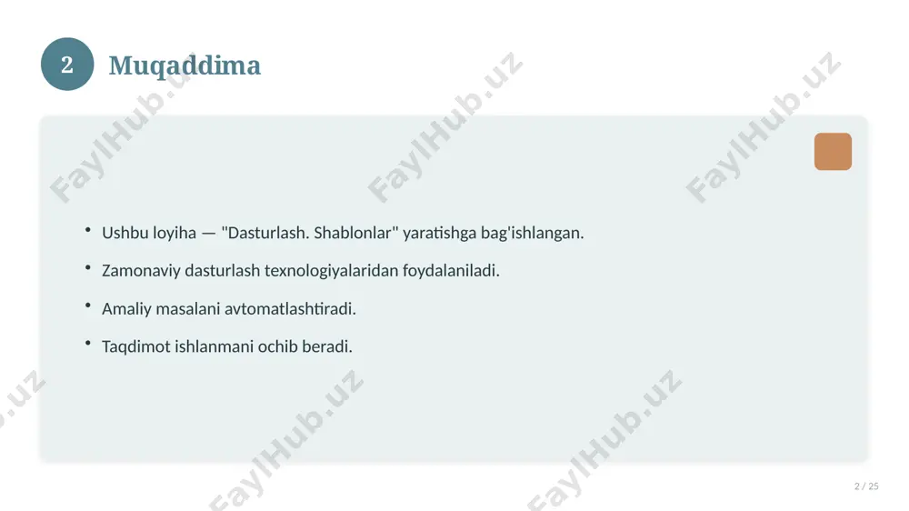 ulosalar. 15 16 qo'shimcha resurslar 16 / 25 darslik va qo'llanmalar. onlayn manbalar. video darslar. amaliy mashqlar to'plami. 16 17 xatolardan saqlanish 17 / 25 keng tarqalgan xatolar. ularning sabablari. oldini olish yo'llari. to'g'ri yondashuv. 17 18 kelajak istiqbollari 18 / 25 rivojlanish yo'nalishlari. yangi imkoniyatlar. innovatsion yechimlar. uzoq muddatli ta'sir. 18 19 amaliy tavsiyalar 19 / 25 tizimli yondashing. ishonchli manbalardan foydalaning. bilimni amaliyotda qo'llang. natijani muntazam baholang. 19 20 tez-tez so'raladigan savollar 20 / 25 asosiy tushuncha nima? u qanday qo'llaniladi? qanday afzalliklari bor? javoblar qisqa va aniq. 20 21 eng yaxshi amaliyotlar 21 / 25 sinovdan o'tgan usullar. samarali yondashuvlar. tajriba almashish. doimiy takomillashtirish. 21 22 muammolar va yechimlar 22 / 25 mavjud muammolar. ularning sabablari. yechim yo'llari. amaliy tavsiyalar. 22 23 asosiy ko'rsatkichlar 23 / 25 ko'rsatkich holati birinchi mezon yaxshi ikkinchi mezon o'rta uchinchi mezon yuqori 23 24 xulosa 24 / 25 dasturlash. shablonlar bo'yicha …