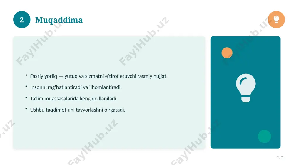 aqlang. matnni vaziyatga moslang. imloni albatta tekshiring. sifatli qog'ozga chop eting. 14 15 asosiy atamalar 15 / 20 faxriy yorliq o'quvchilar uchun (klassik dizayn) bilan bog'liq kalit tushunchalar. atamalarning aniq ta'rifi beriladi. to'g'ri qo'llash muhim. tushunchalar o'zaro bog'liq. 15 16 tarixiy rivoji 16 / 20 mavzu vaqt o'tishi bilan rivojlangan. asosiy bosqichlar kuzatiladi. muhim o'zgarishlar yuz bergan. hozirgi holatga ta'sir ko'rsatgan. 16 17 zamonaviy holati 17 / 20 bugungi kundagi ahvol. yangi yondashuvlar paydo bo'lmoqda. dolzarb tendensiyalar. amaliy qo'llanilishi kengaymoqda. 17 18 qiyosiy tahlil 18 / 20 o'xshash hodisalar bilan solishtirish. umumiy jihatlar aniqlanadi. farqli tomonlar ko'rsatiladi. xulosalar chiqariladi. 18 19 xulosa 19 / 20 faxriy yorliq o'quvchilar uchun (klassik dizayn) bo'yicha asosiy jihatlar yoritildi. mavzu nazariy va amaliy ahamiyatga ega. olingan bilim amaliyotda qo'llaniladi. doimiy o'rganish tavsiya etiladi. 19 20 foydalanilgan adabiyotlar 20 / 20 tegishli darslik va o'quv qo'llanmalari. ilmiy maqola va manbalar. internet va elektron resurslar. manba: …