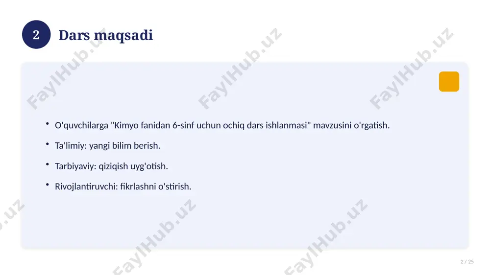 plami. 16 17 xatolardan saqlanish 17 / 25 keng tarqalgan xatolar. ularning sabablari. oldini olish yo'llari. to'g'ri yondashuv. 17 18 kelajak istiqbollari 18 / 25 rivojlanish yo'nalishlari. yangi imkoniyatlar. innovatsion yechimlar. uzoq muddatli ta'sir. 18 19 amaliy tavsiyalar 19 / 25 tizimli yondashing. ishonchli manbalardan foydalaning. bilimni amaliyotda qo'llang. natijani muntazam baholang. 19 20 tez-tez so'raladigan savollar 20 / 25 asosiy tushuncha nima? u qanday qo'llaniladi? qanday afzalliklari bor? javoblar qisqa va aniq. 20 21 eng yaxshi amaliyotlar 21 / 25 sinovdan o'tgan usullar. samarali yondashuvlar. tajriba almashish. doimiy takomillashtirish. 21 22 muammolar va yechimlar 22 / 25 mavjud muammolar. ularning sabablari. yechim yo'llari. amaliy tavsiyalar. 22 23 asosiy ko'rsatkichlar 23 / 25 ko'rsatkich holati birinchi mezon yaxshi ikkinchi mezon o'rta uchinchi mezon yuqori 23 24 xulosa 24 / 25 kimyo fanidan 6-sinf uchun ochiq dars ishlanmasi bo'yicha asosiy jihatlar yoritildi. mavzu nazariy va amaliy ahamiyatga ega. olingan bilim amaliyotda …
