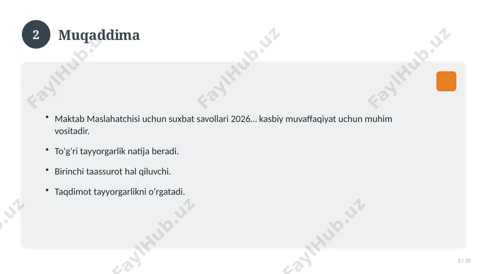 holatga ta'sir ko'rsatgan. 15 16 zamonaviy holati 16 / 25 bugungi kundagi ahvol. yangi yondashuvlar paydo bo'lmoqda. dolzarb tendensiyalar. amaliy qo'llanilishi kengaymoqda. 16 17 qiyosiy tahlil 17 / 25 o'xshash hodisalar bilan solishtirish. umumiy jihatlar aniqlanadi. farqli tomonlar ko'rsatiladi. xulosalar chiqariladi. 17 18 afzallik va kamchiliklar 18 / 25 afzalliklari kamchiliklari samaradorlik murakkablik qulaylik resurs talabi tejamkorlik ayrim cheklovlar 18 19 bosqichma-bosqich yondashuv 19 / 25 1-bosqich: tayyorgarlik. 2-bosqich: amalga oshirish. 3-bosqich: tahlil. 4-bosqich: xulosa. 19 20 amaliy misol 20 / 25 real hayotdan misol keltiriladi. bosqichlar bilan ko'rsatiladi. natija tahlil qilinadi. amaliy xulosa chiqariladi. 20 21 asosiy ko'rsatkichlar 21 / 25 ko'rsatkich holati birinchi mezon yaxshi ikkinchi mezon o'rta uchinchi mezon yuqori 21 22 muammolar va yechimlar 22 / 25 mavjud muammolar. ularning sabablari. yechim yo'llari. amaliy tavsiyalar. 22 23 eng yaxshi amaliyotlar 23 / 25 sinovdan o'tgan usullar. samarali yondashuvlar. tajriba almashish. doimiy takomillashtirish. 23 24 xulosa 24 …