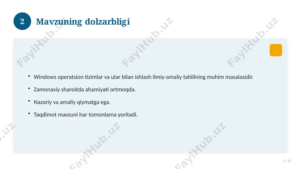 r. uzoq muddatli ta'sir. 17 18 amaliy tavsiyalar 18 / 25 tizimli yondashing. ishonchli manbalardan foydalaning. bilimni amaliyotda qo'llang. natijani muntazam baholang. 18 19 tez-tez so'raladigan savollar 19 / 25 asosiy tushuncha nima? u qanday qo'llaniladi? qanday afzalliklari bor? javoblar qisqa va aniq. 19 20 eng yaxshi amaliyotlar 20 / 25 sinovdan o'tgan usullar. samarali yondashuvlar. tajriba almashish. doimiy takomillashtirish. 20 21 muammolar va yechimlar 21 / 25 mavjud muammolar. ularning sabablari. yechim yo'llari. amaliy tavsiyalar. 21 22 asosiy ko'rsatkichlar 22 / 25 ko'rsatkich holati birinchi mezon yaxshi ikkinchi mezon o'rta uchinchi mezon yuqori 22 23 amaliy misol 23 / 25 real hayotdan misol keltiriladi. bosqichlar bilan ko'rsatiladi. natija tahlil qilinadi. amaliy xulosa chiqariladi. 23 24 xulosa 24 / 25 windows operatsion tizimlar va ular bilan ishlash bo'yicha asosiy jihatlar yoritildi. mavzu nazariy va amaliy ahamiyatga ega. olingan bilim amaliyotda qo'llaniladi. doimiy o'rganish tavsiya etiladi. 24 25 foydalanilgan adabiyotlar 25 …