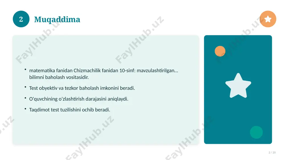 10-sinf: mavzulashtirilgan… bilan bog'liq kalit tushunchalar. atamalarning aniq ta'rifi beriladi. to'g'ri qo'llash muhim. tushunchalar o'zaro bog'liq. 14 15 tarixiy rivoji 15 / 20 mavzu vaqt o'tishi bilan rivojlangan. asosiy bosqichlar kuzatiladi. muhim o'zgarishlar yuz bergan. hozirgi holatga ta'sir ko'rsatgan. 15 16 zamonaviy holati 16 / 20 bugungi kundagi ahvol. yangi yondashuvlar paydo bo'lmoqda. dolzarb tendensiyalar. amaliy qo'llanilishi kengaymoqda. 16 17 qiyosiy tahlil 17 / 20 o'xshash hodisalar bilan solishtirish. umumiy jihatlar aniqlanadi. farqli tomonlar ko'rsatiladi. xulosalar chiqariladi. 17 18 afzallik va kamchiliklar 18 / 20 afzalliklari kamchiliklari samaradorlik murakkablik qulaylik resurs talabi tejamkorlik ayrim cheklovlar 18 19 xulosa 19 / 20 chizmachilik fanidan 10-sinf: mavzulashtirilgan… bo'yicha asosiy jihatlar yoritildi. mavzu nazariy va amaliy ahamiyatga ega. olingan bilim amaliyotda qo'llaniladi. doimiy o'rganish tavsiya etiladi. 19 20 foydalanilgan adabiyotlar 20 / 20 tegishli darslik va o'quv qo'llanmalari. ilmiy maqola va manbalar. internet va elektron resurslar. manba: soff.uz · 2026. 20 image-1-1.png image-1-2.png …
