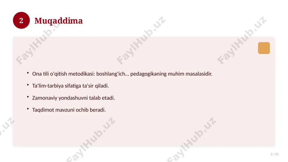 novatsion yechimlar. uzoq muddatli ta'sir. 17 18 amaliy tavsiyalar 18 / 25 tizimli yondashing. ishonchli manbalardan foydalaning. bilimni amaliyotda qo'llang. natijani muntazam baholang. 18 19 tez-tez so'raladigan savollar 19 / 25 asosiy tushuncha nima? u qanday qo'llaniladi? qanday afzalliklari bor? javoblar qisqa va aniq. 19 20 eng yaxshi amaliyotlar 20 / 25 sinovdan o'tgan usullar. samarali yondashuvlar. tajriba almashish. doimiy takomillashtirish. 20 21 muammolar va yechimlar 21 / 25 mavjud muammolar. ularning sabablari. yechim yo'llari. amaliy tavsiyalar. 21 22 asosiy ko'rsatkichlar 22 / 25 ko'rsatkich holati birinchi mezon yaxshi ikkinchi mezon o'rta uchinchi mezon yuqori 22 23 amaliy misol 23 / 25 real hayotdan misol keltiriladi. bosqichlar bilan ko'rsatiladi. natija tahlil qilinadi. amaliy xulosa chiqariladi. 23 24 xulosa 24 / 25 ona tili o'qitish metodikasi: boshlang'ich… bo'yicha asosiy jihatlar yoritildi. mavzu nazariy va amaliy ahamiyatga ega. olingan bilim amaliyotda qo'llaniladi. doimiy o'rganish tavsiya etiladi. 24 25 foydalanilgan adabiyotlar 25 / …