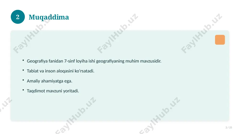 25 asosiy tushuncha nima? u qanday qo'llaniladi? qanday afzalliklari bor? javoblar qisqa va aniq. 19 20 eng yaxshi amaliyotlar 20 / 25 sinovdan o'tgan usullar. samarali yondashuvlar. tajriba almashish. doimiy takomillashtirish. 20 21 muammolar va yechimlar 21 / 25 mavjud muammolar. ularning sabablari. yechim yo'llari. amaliy tavsiyalar. 21 22 asosiy ko'rsatkichlar 22 / 25 ko'rsatkich holati birinchi mezon yaxshi ikkinchi mezon o'rta uchinchi mezon yuqori 22 23 amaliy misol 23 / 25 real hayotdan misol keltiriladi. bosqichlar bilan ko'rsatiladi. natija tahlil qilinadi. amaliy xulosa chiqariladi. 23 24 xulosa 24 / 25 geografiya fanidan 7-sinf loyiha ishi bo'yicha asosiy jihatlar yoritildi. mavzu nazariy va amaliy ahamiyatga ega. olingan bilim amaliyotda qo'llaniladi. doimiy o'rganish tavsiya etiladi. 24 25 foydalanilgan adabiyotlar 25 / 25 tegishli darslik va o'quv qo'llanmalari. ilmiy maqola va manbalar. internet va elektron resurslar. manba: soff.uz · 2026. 25